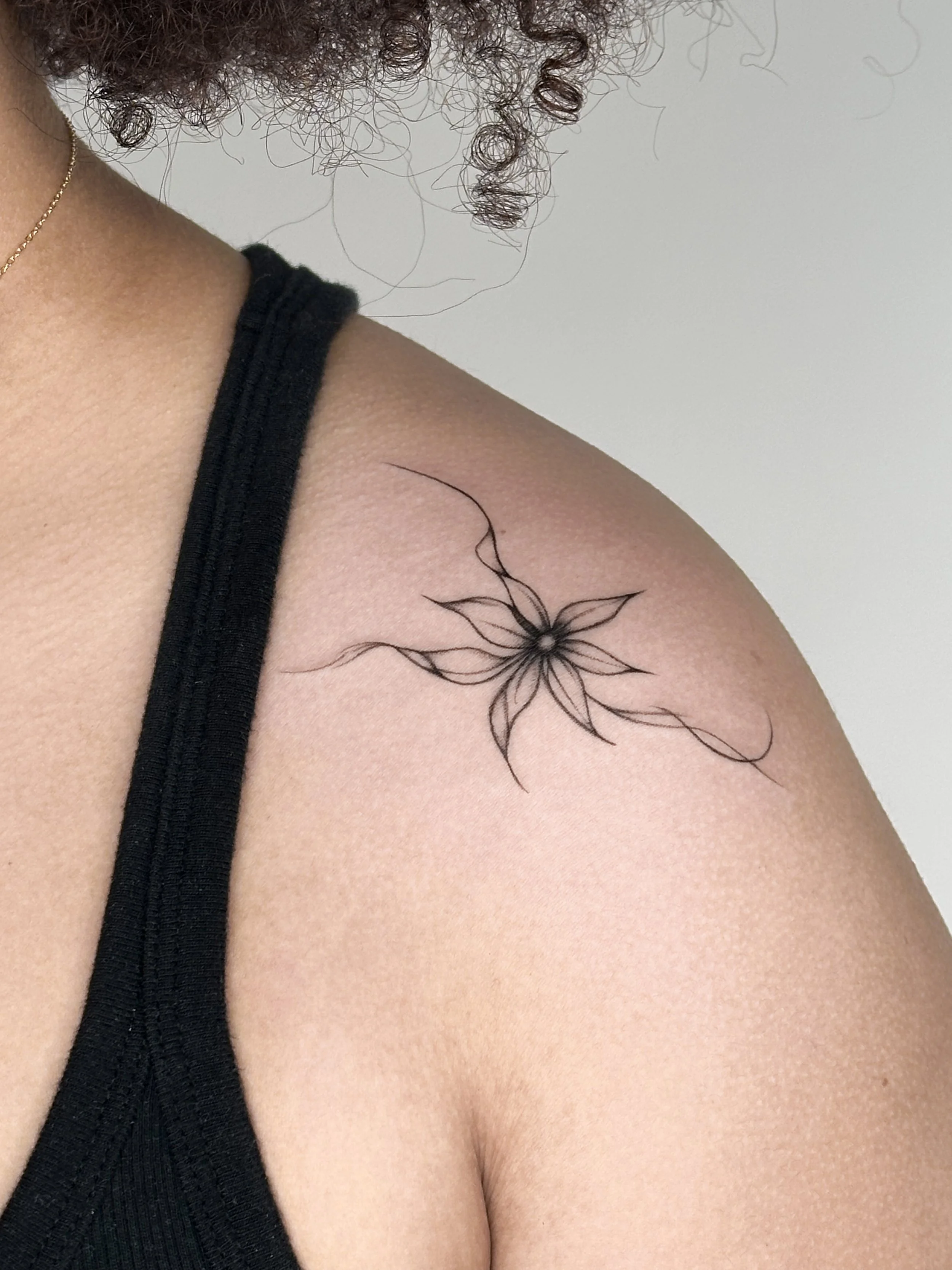 Close-up of a woman's shoulder with a black and gray floral tattoo seen on the upper arm, wearing a black tank top.