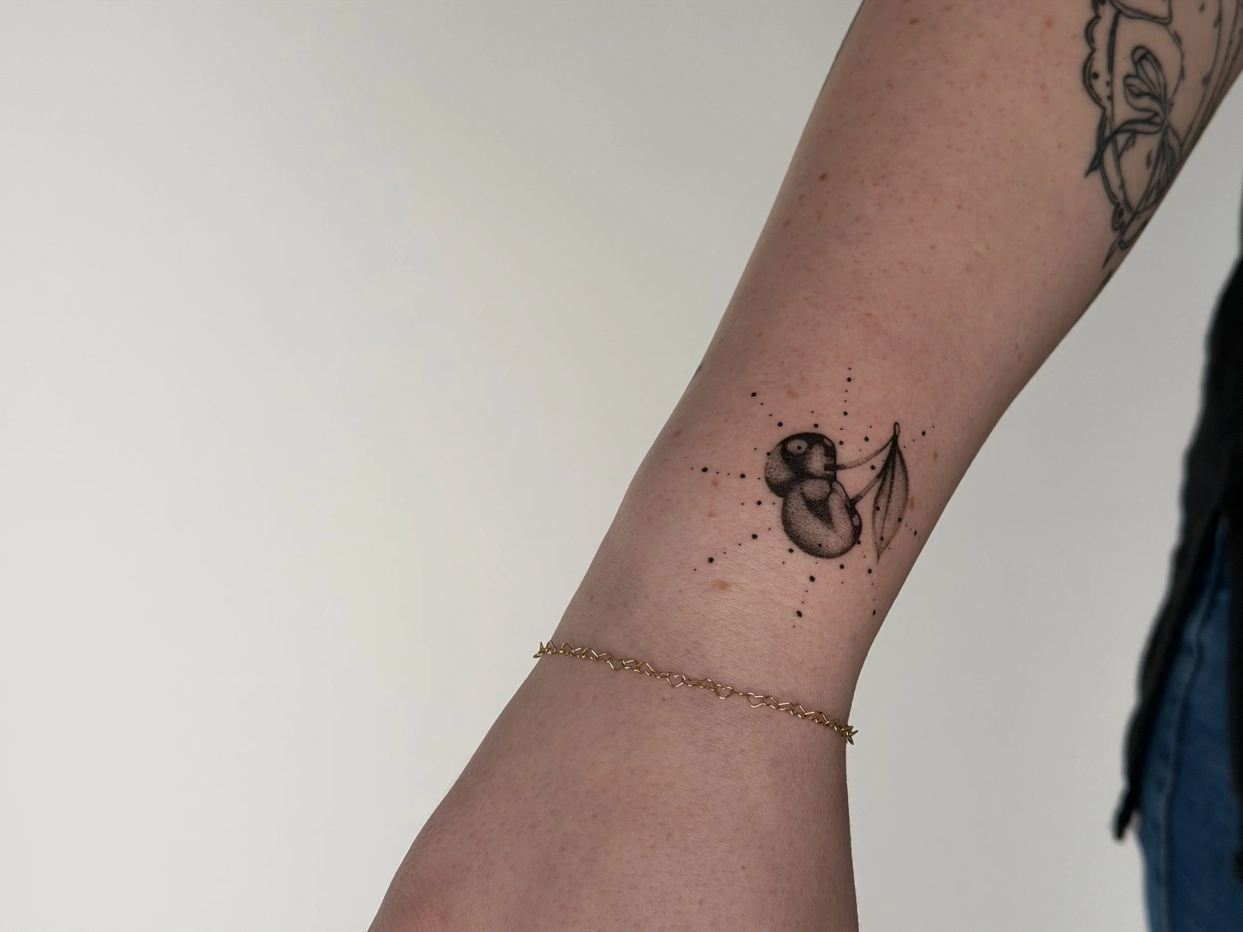 Tattoo of a uterus with a leaf and dotted lines on a person's inner forearm