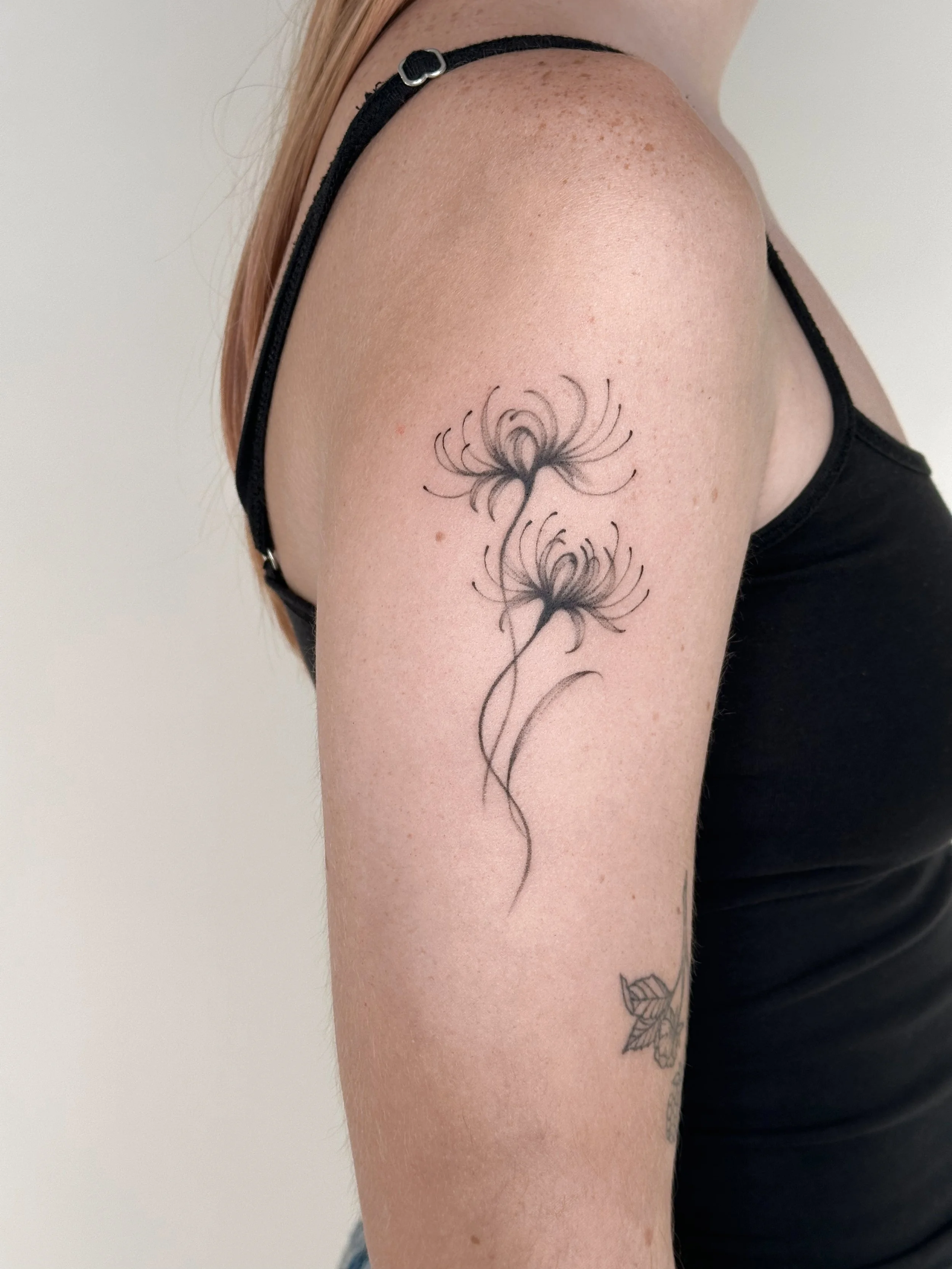 A tattoo of two dandelion flowers with long, swirling stems on a person's upper arm.
