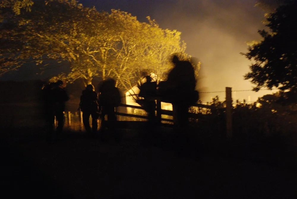 People silhouetted against a large fire in a wooded area at night.