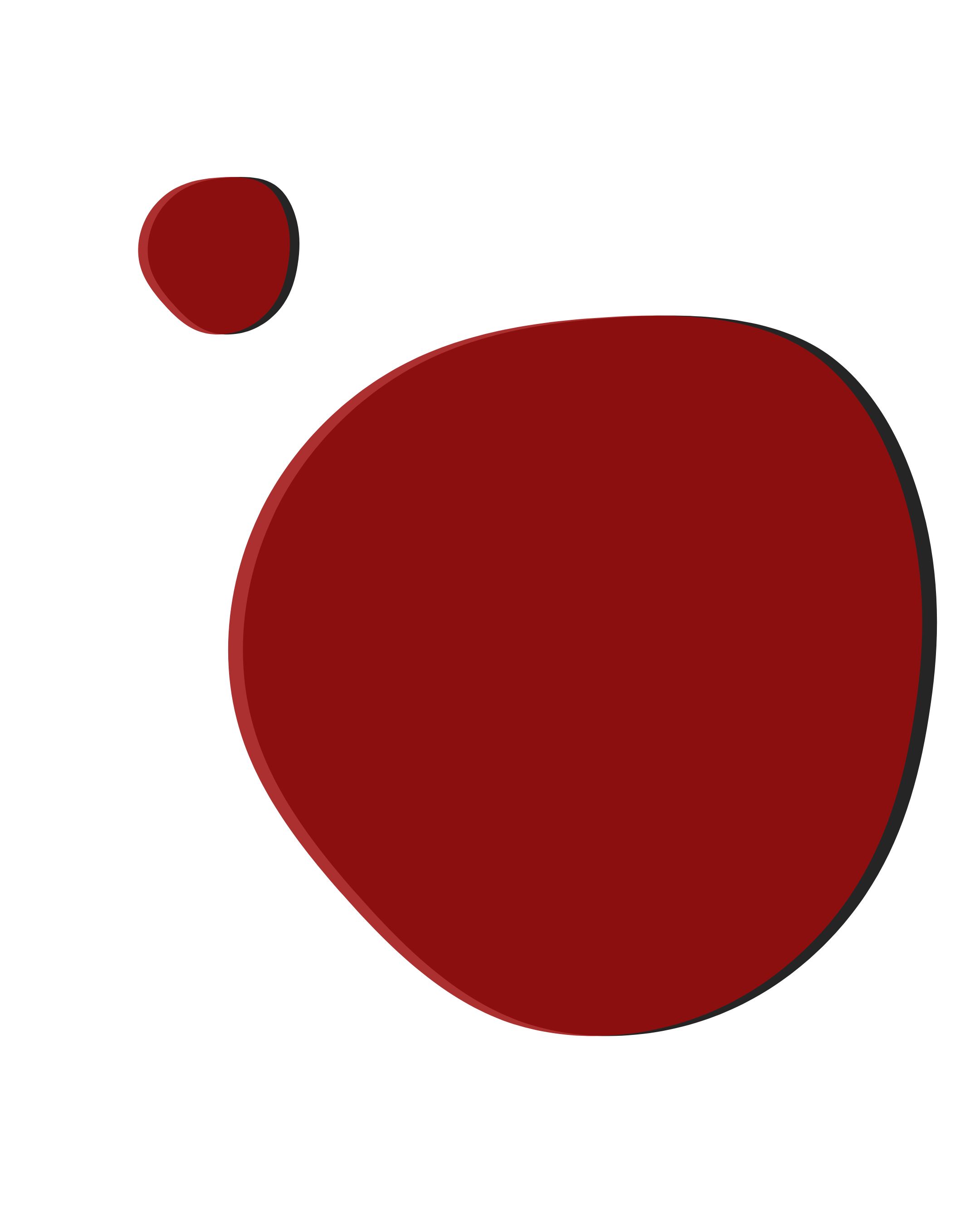 Minimalist design with two red abstract shapes on a black background.