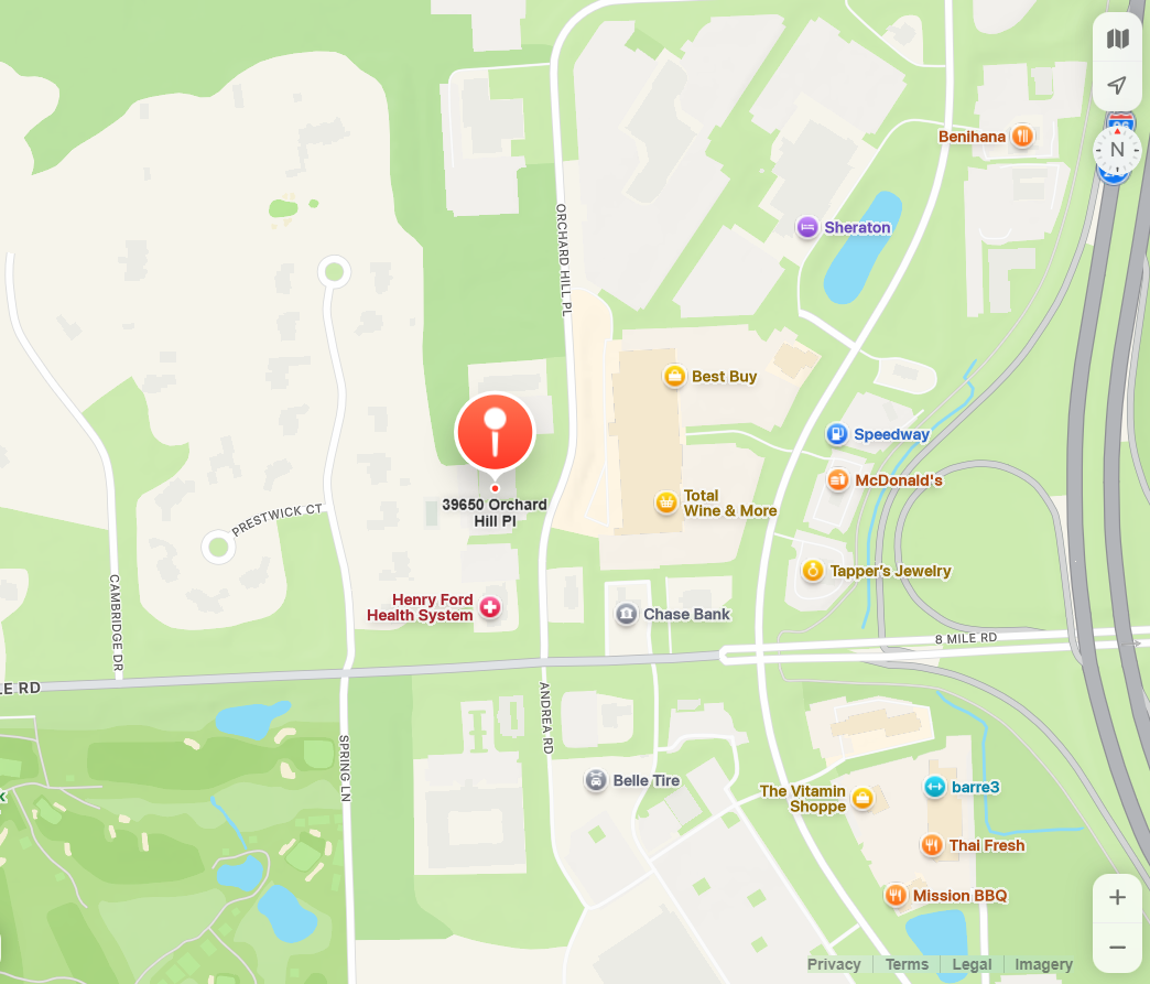 Brookside Pediatric Therapy clinic location map at 39650 Orchard Hill Place - pediatric therapy center