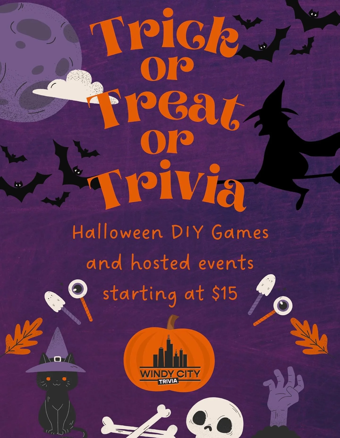 Throwing a Halloween party? Treat guests and ghouls of all ages to some sweet or spooky trivia &mdash; DIY games start at just $15. 

DM for more details, or send a message to info@windycitytriviapros.com 

🎃👻😈☠️🍭🎃👻😈☠️🍭🎃👻😈☠️🍭

#windycityt