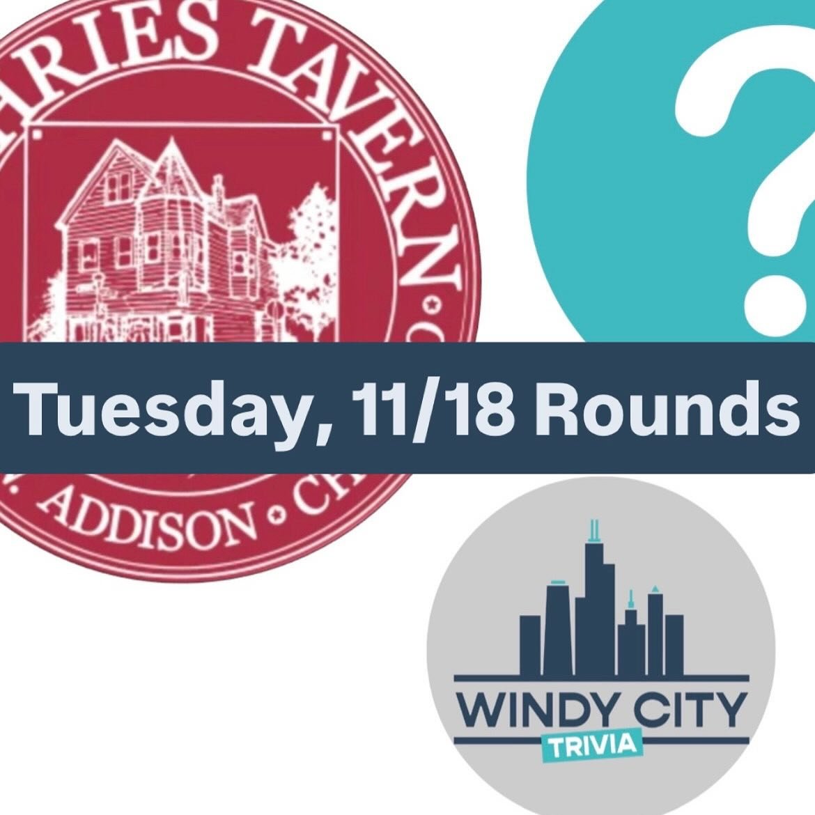 Rounds for 11/18 Tuesday Trivia at @official_guthries_tavern 

Join us Tuesday at 7 PM for trivia!

1. General Knowledge
2. Green
3. Sports
4. Music
5. Lightning

#windycitytrivia #trivia #chicago #chicagotrivia #bartrivia #pubtrivia #guthriestavern 