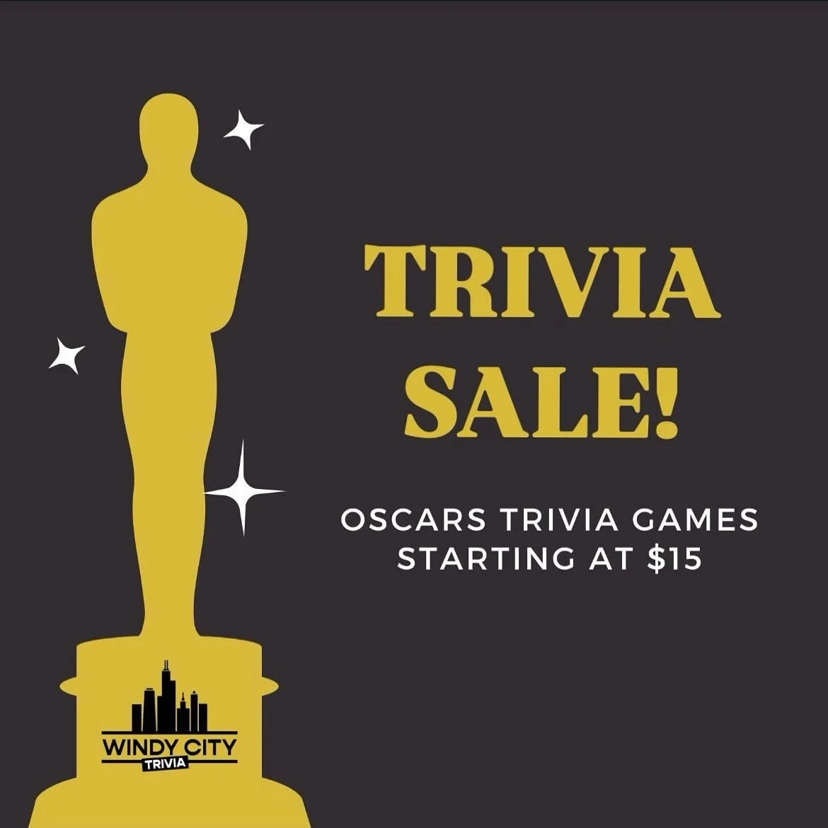 Hosting an Oscars watch party? Challenge your guests to some Academy Awards trivia &mdash; DIY games start at just $15. 

DM for more details, or send a message to info@windycitytriviapros.com 

🎞️🎞️🎞️🎞️🎞️🎞️🎞️

#windycitytrivia #trivia #chicag