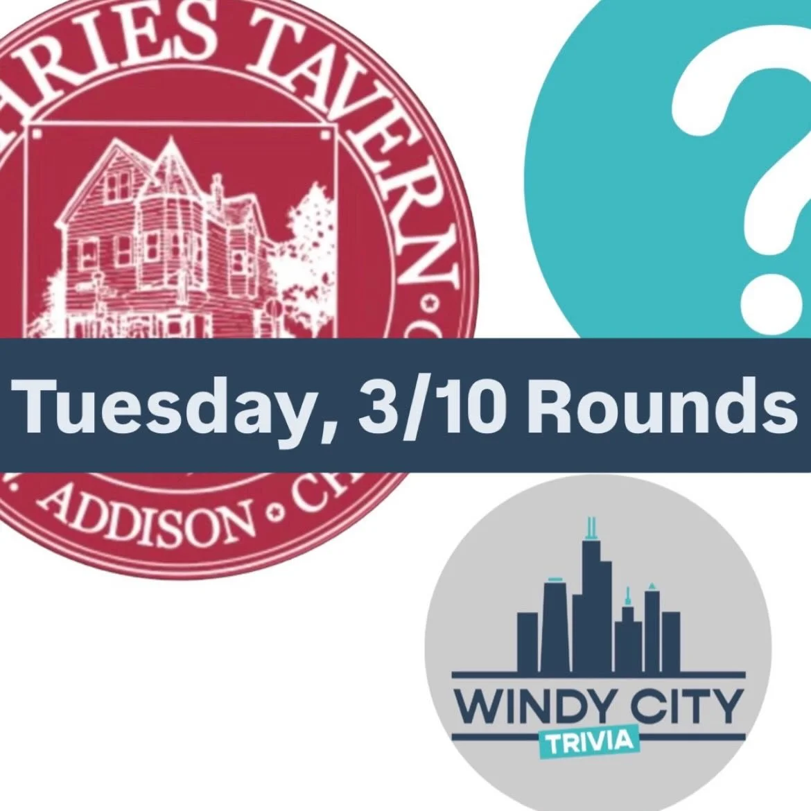 Rounds for 3/10 Tuesday Trivia at @official_guthries_tavern 

Join us Tuesday at 7 PM!

1. General Knowledge
2. Entertainment
3. Sports
4. Music
5. Ireland

#windycitytrivia #trivia #chicago #chicagotrivia #bartrivia