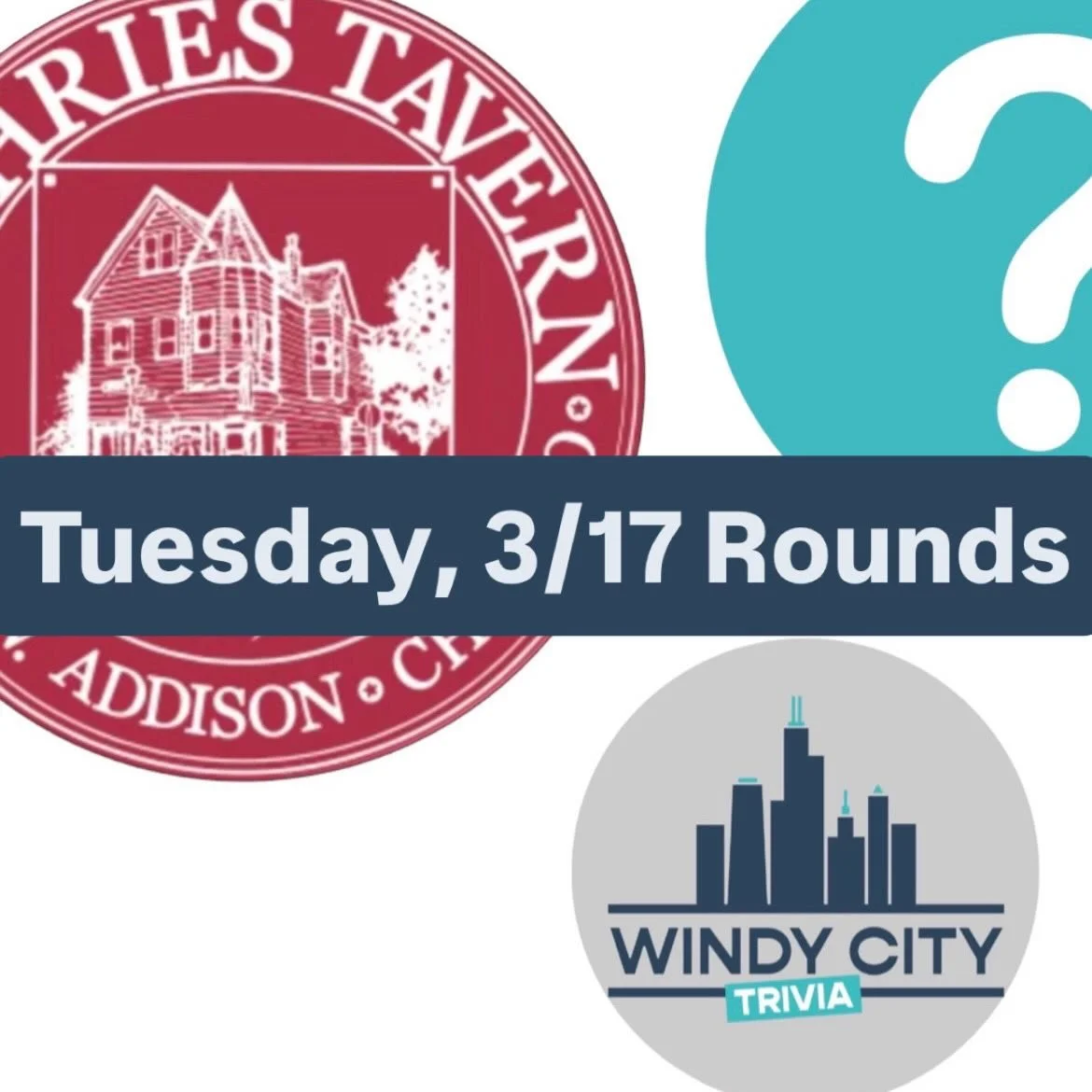 Rounds for 3/17 Tuesday Trivia at @official_guthries_tavern 

Join us Tuesday at 7 PM!

1. General Knowledge
2. Entertainment
3. Sports
4. Music
5. Geography 

#windycitytrivia #trivia #chicago #chicagotrivia #bartrivia