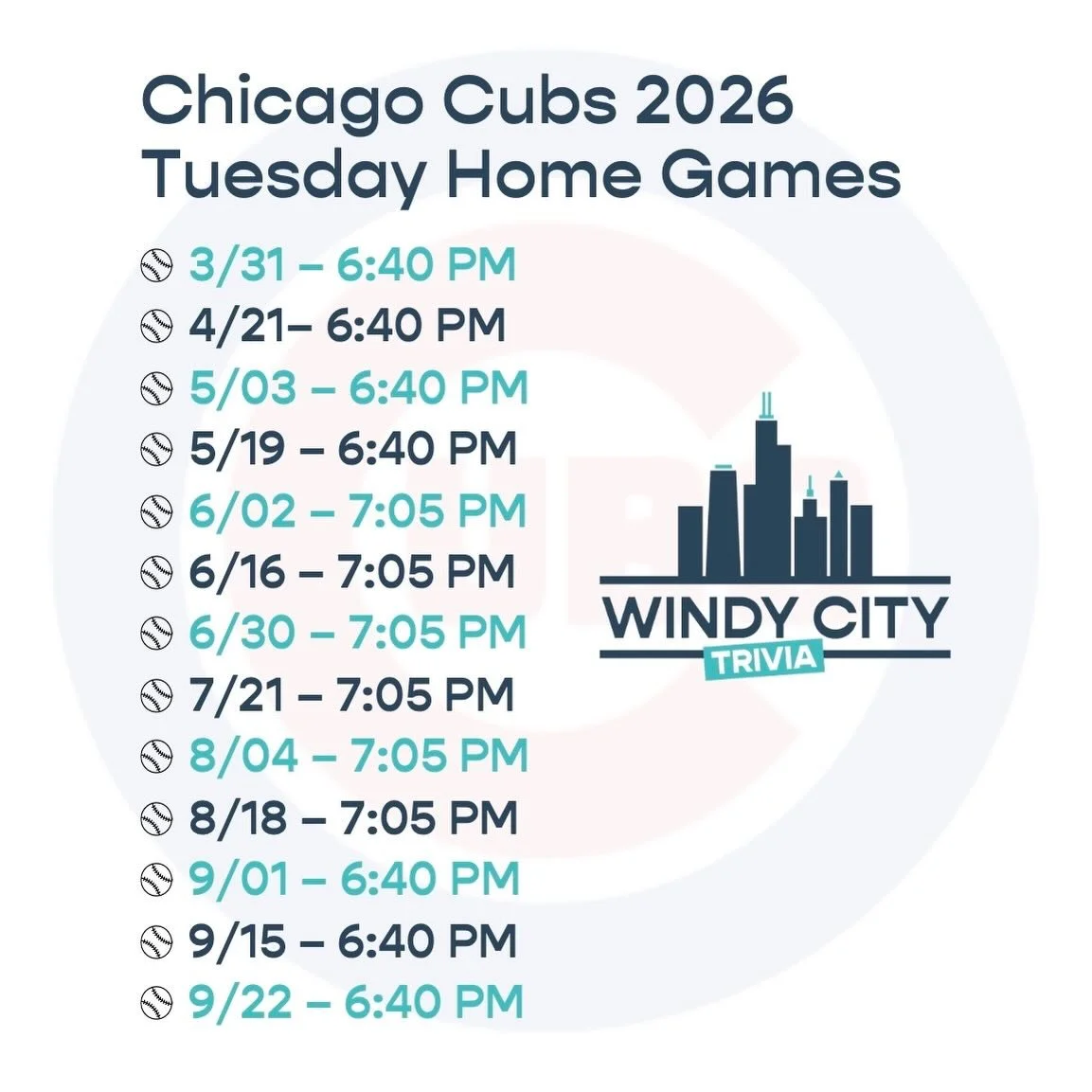 Baseball Season is upon us 🏟️

We&rsquo;ll post reminders for home games, don&rsquo;t forget to allow for extra time and make transportation adjustments as we share @official_guthries_tavern with Cubs fans! 

#chicagocubs #bartrivia #chicago #wrigle