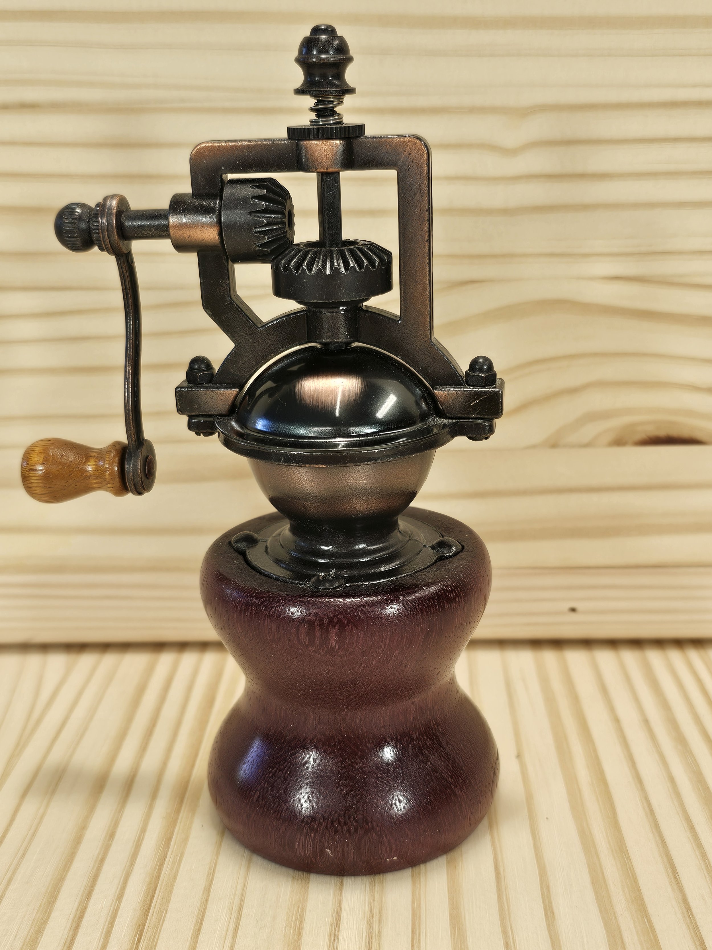 Steampunk pepper grinder made of Purpleheart wood