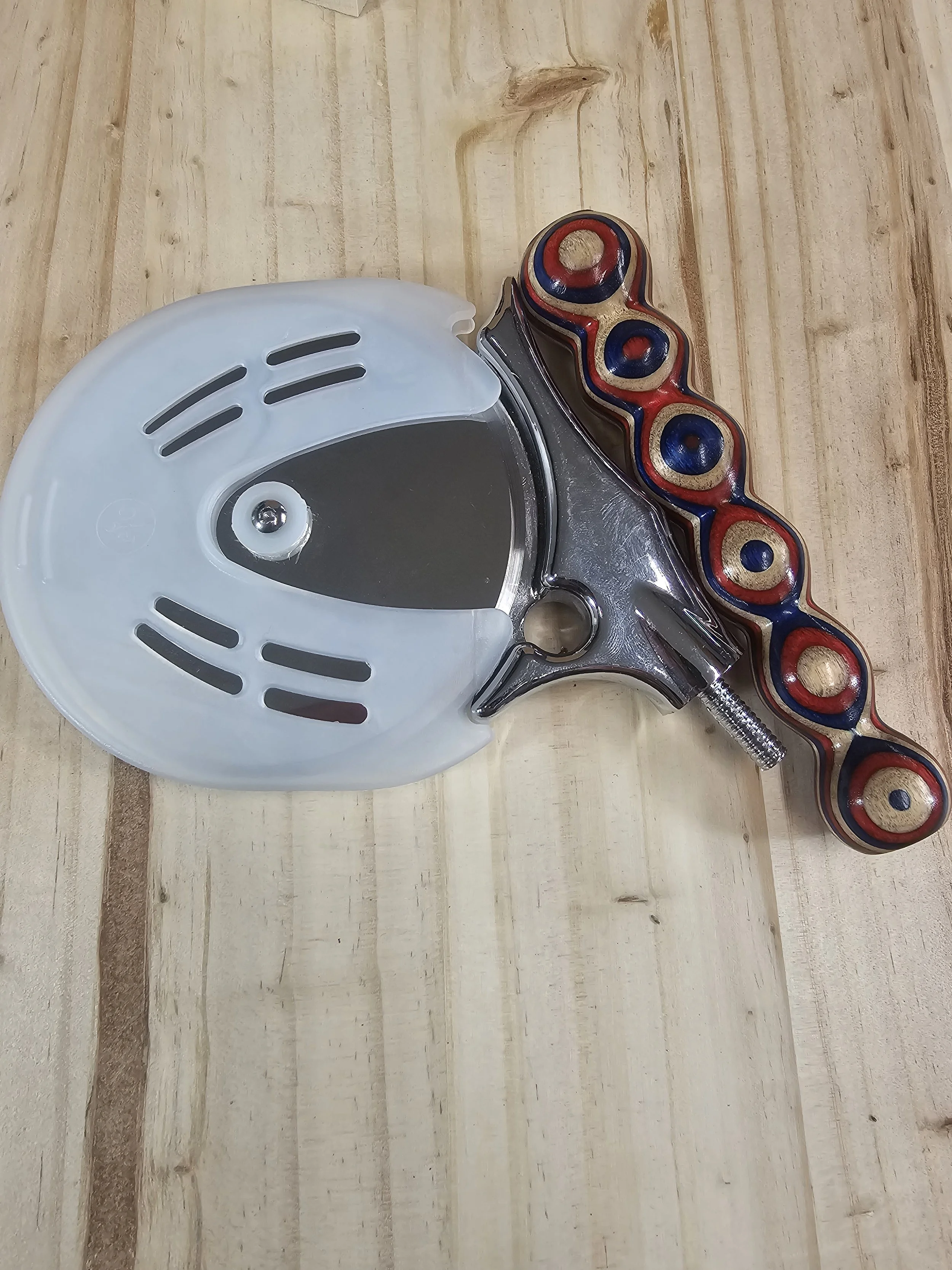 Large Pizza Cutter Wheel with Red White and Blue Spectra Ply wood