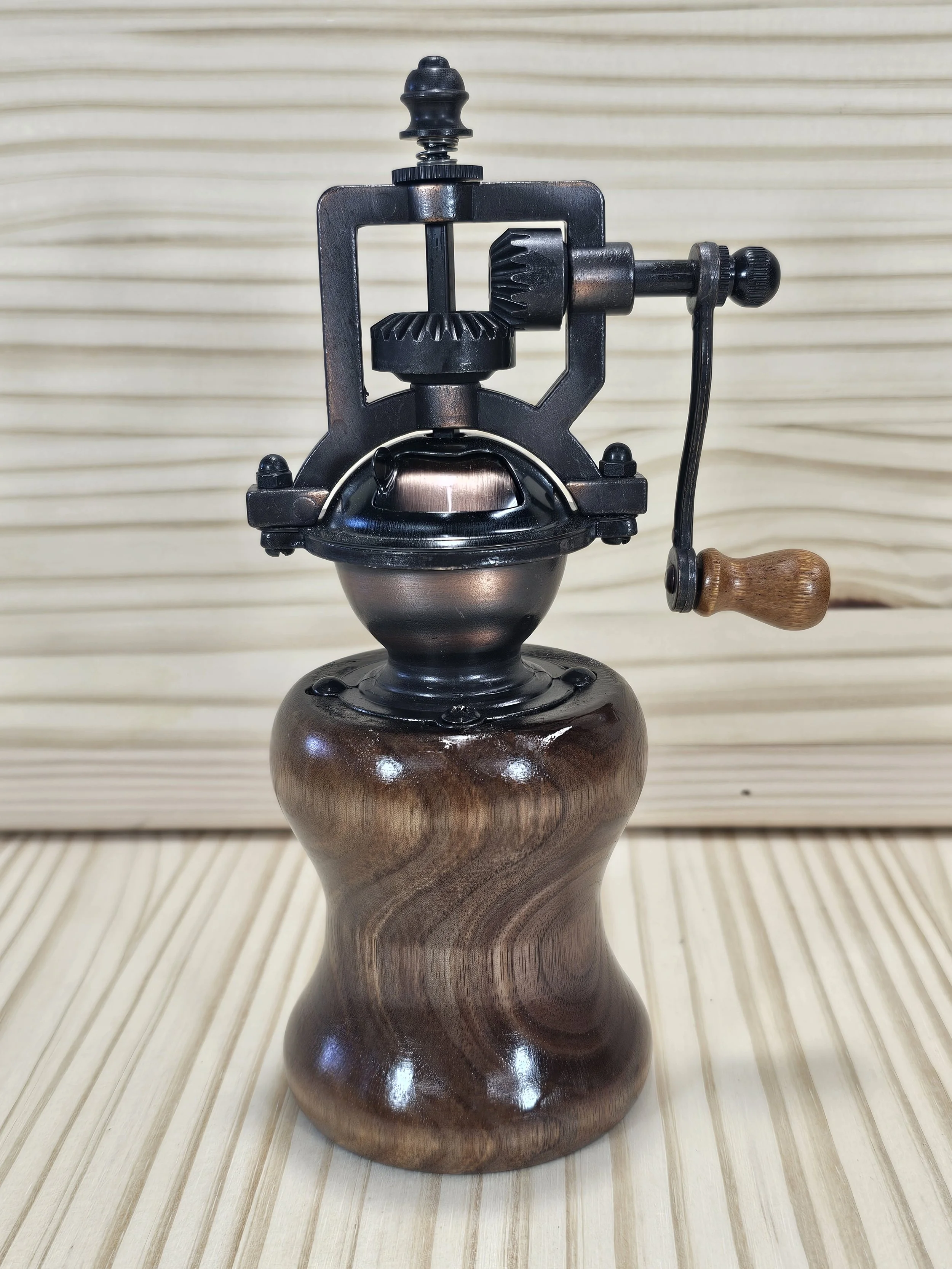 Steampunk pepper grinder made of black Walnut wood