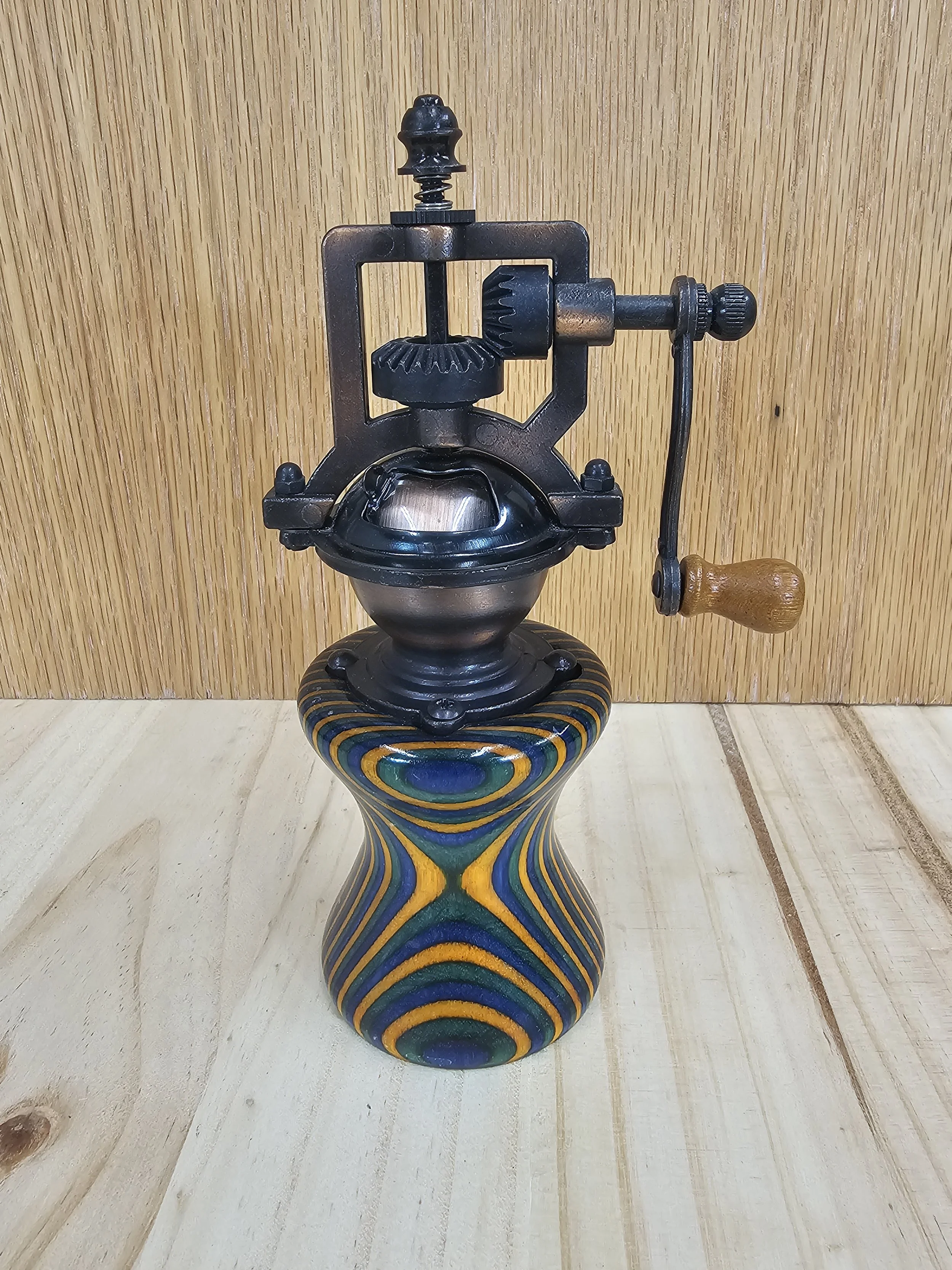 Steampunk pepper grinder made of colorful GatorWood SpectraPly