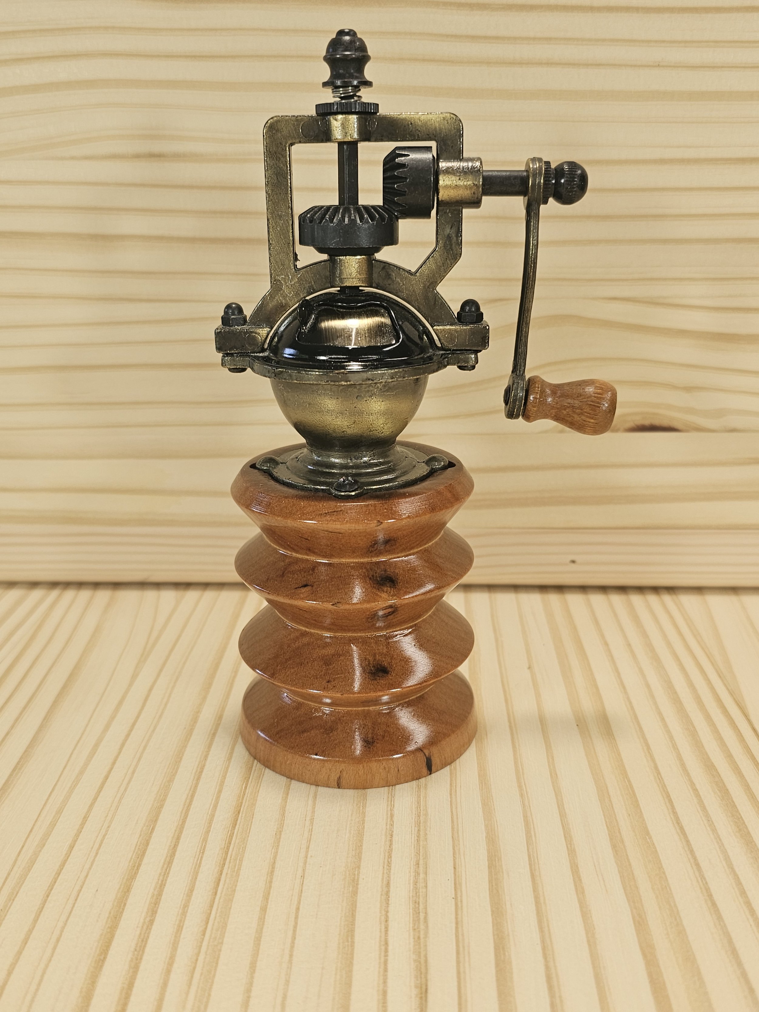 Steampunk pepper grinder made of Bradford Pear wood