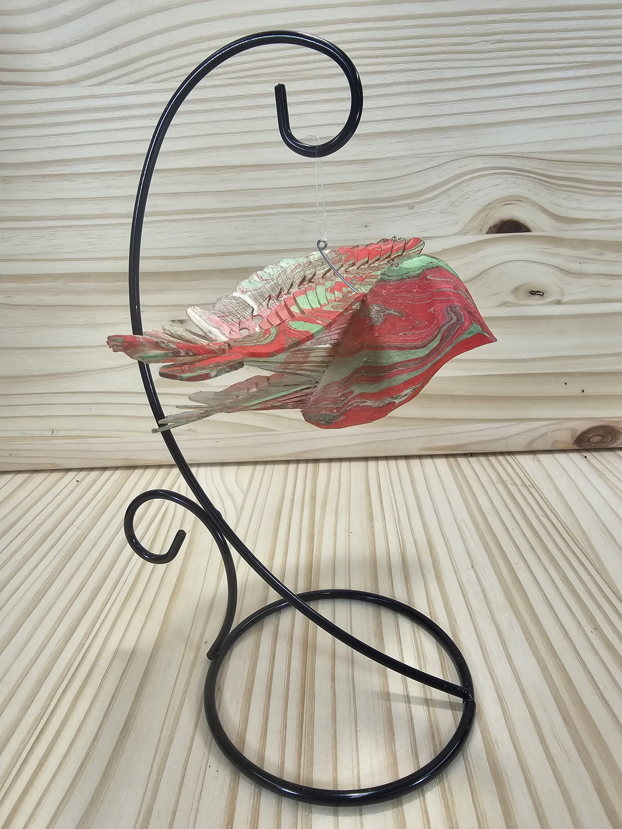 Green & Red Water marbled fan bird with stand