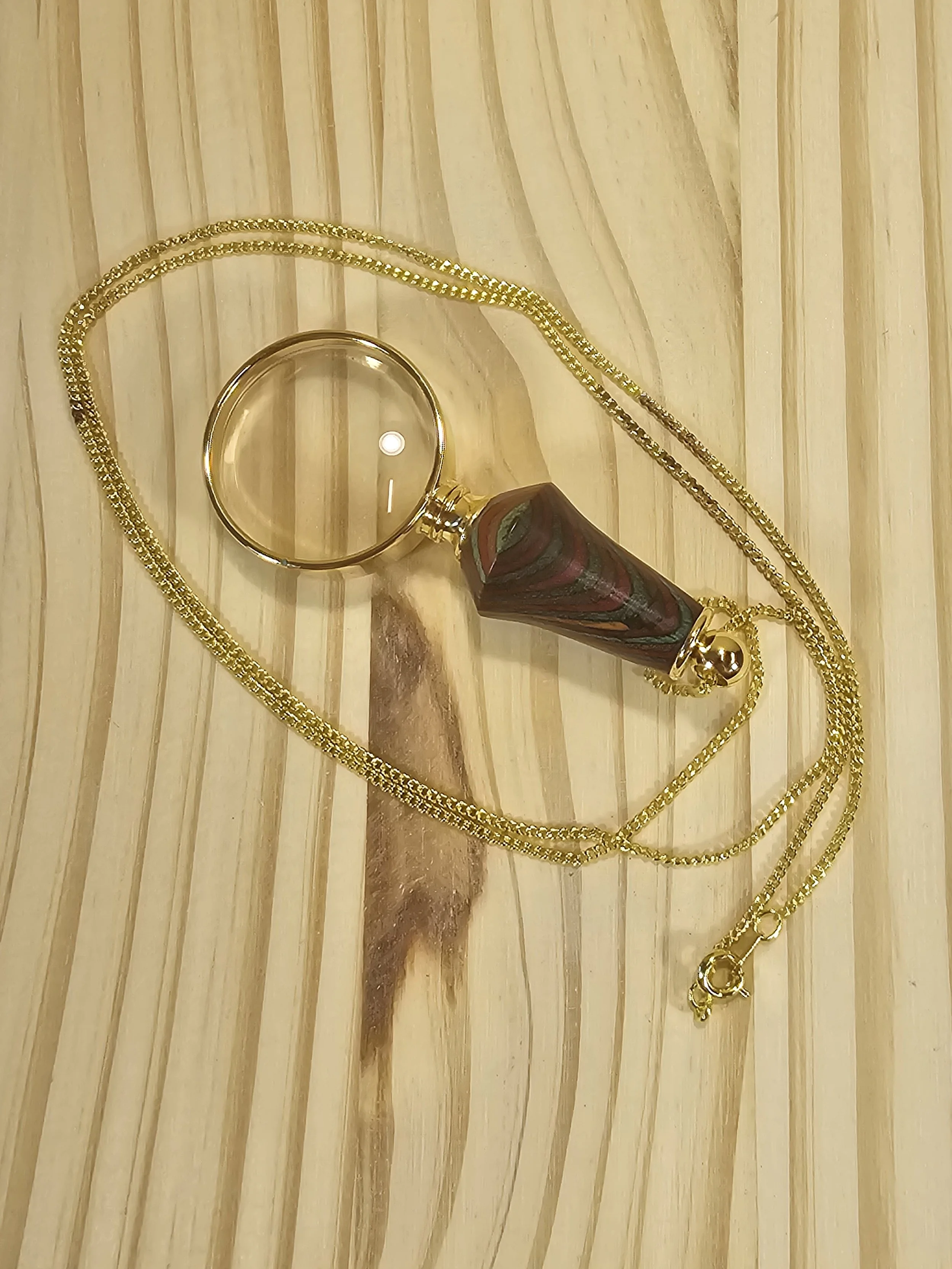Magnifying Glass Pendant with Red & Green wood