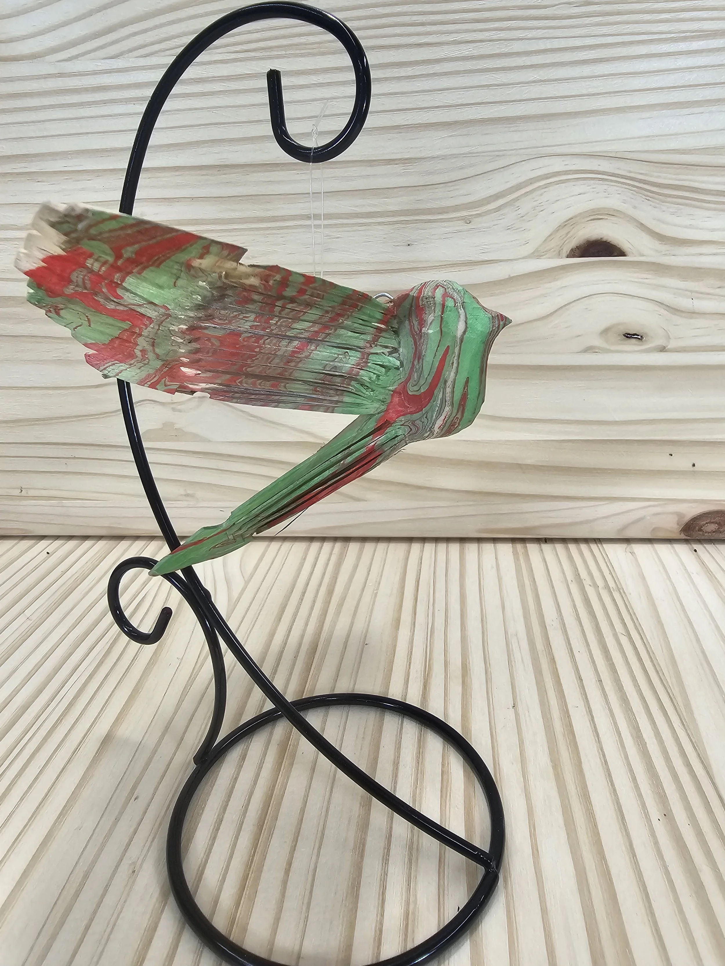 Green & Red Water marbled fan bird with stand
