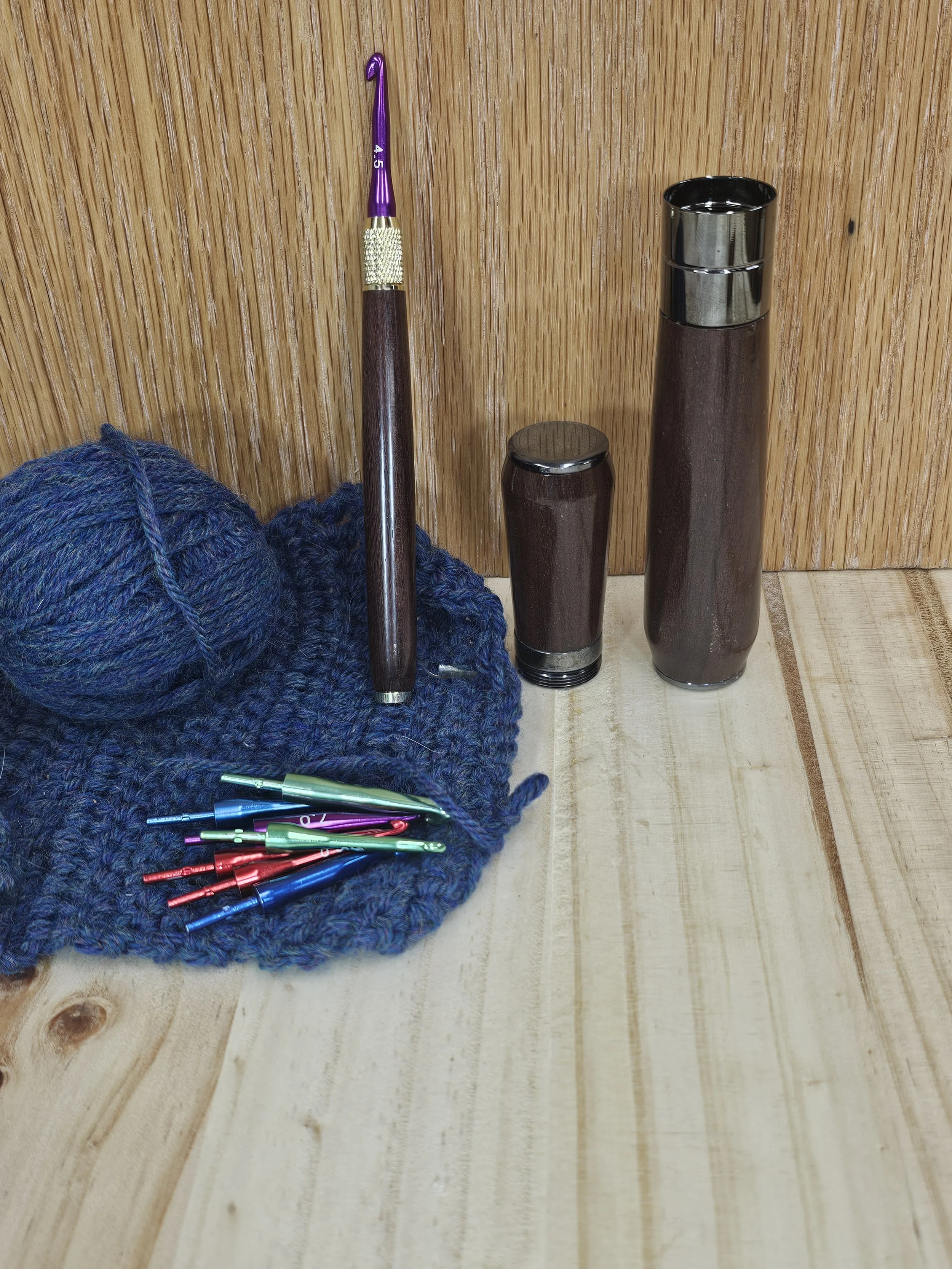 Self Contained Crochet Set made with black figured wood