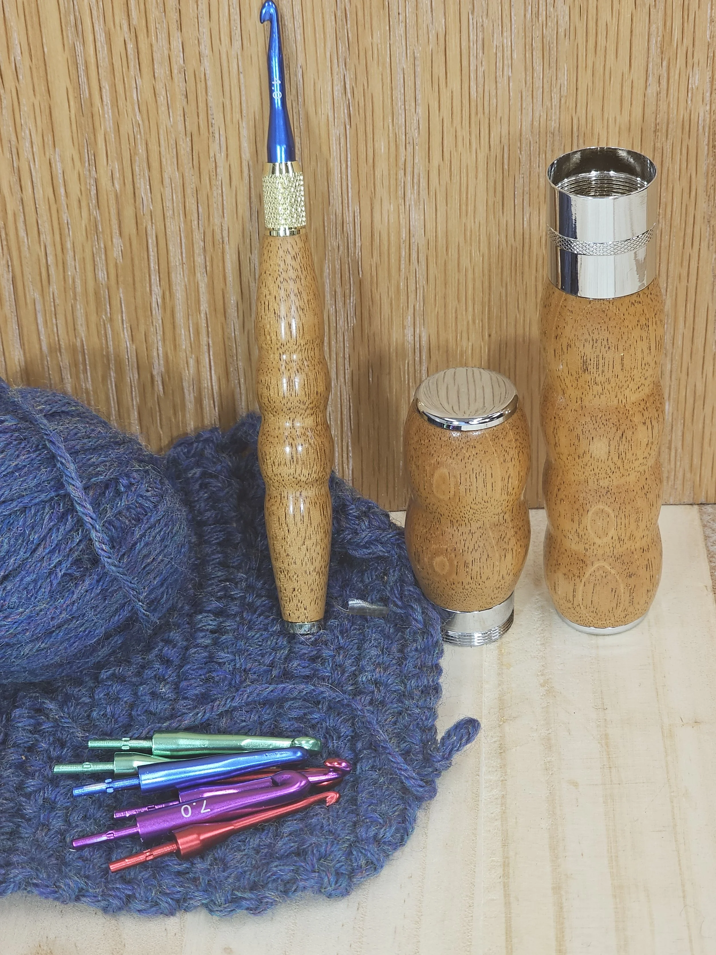 Self Contained Crochet Set made with a light Mahogany wood - lobed / textured