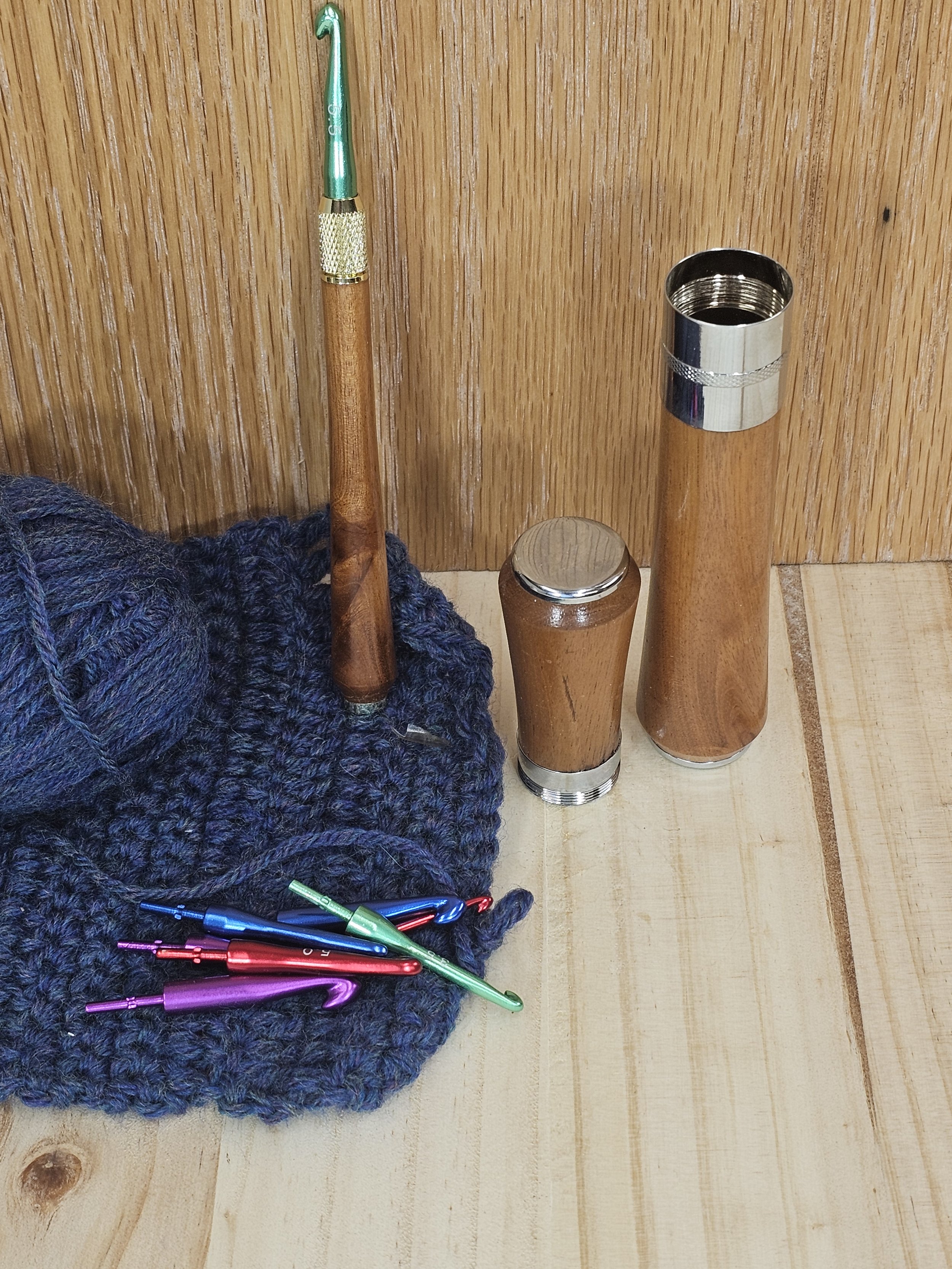 Self Contained Crochet Set made with a light Mahogany wood.