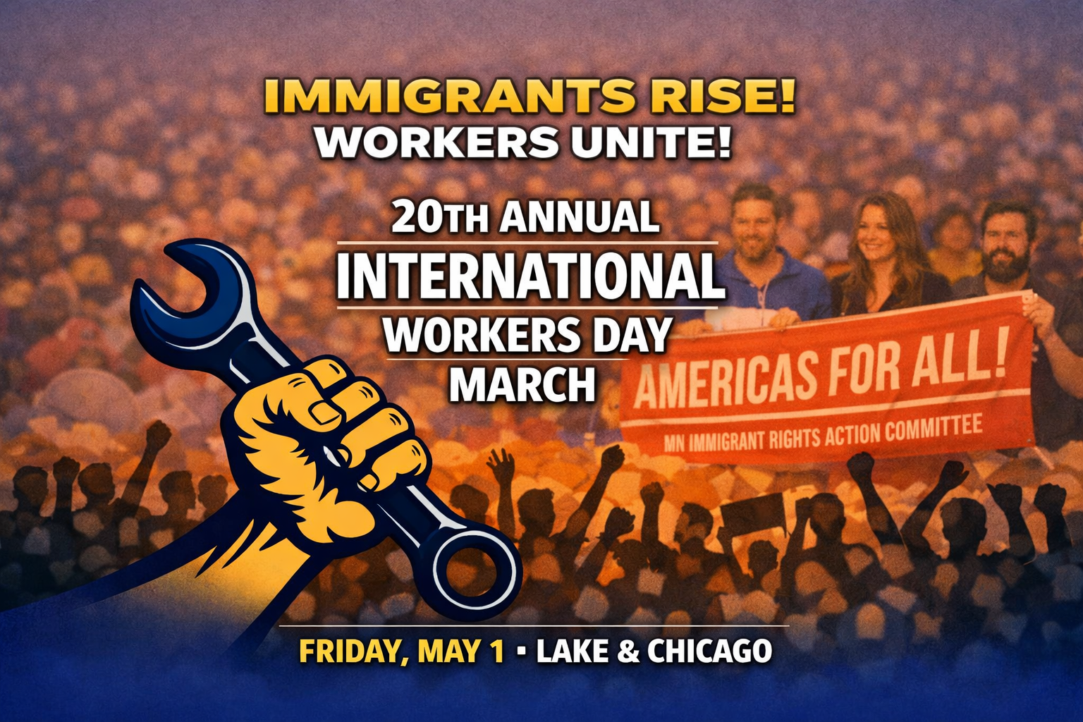 Immigrants rise! Workers unite! 20th annual International workers day march Friday May 1st, 4:30 pm, Lake & Chicago, Mpls