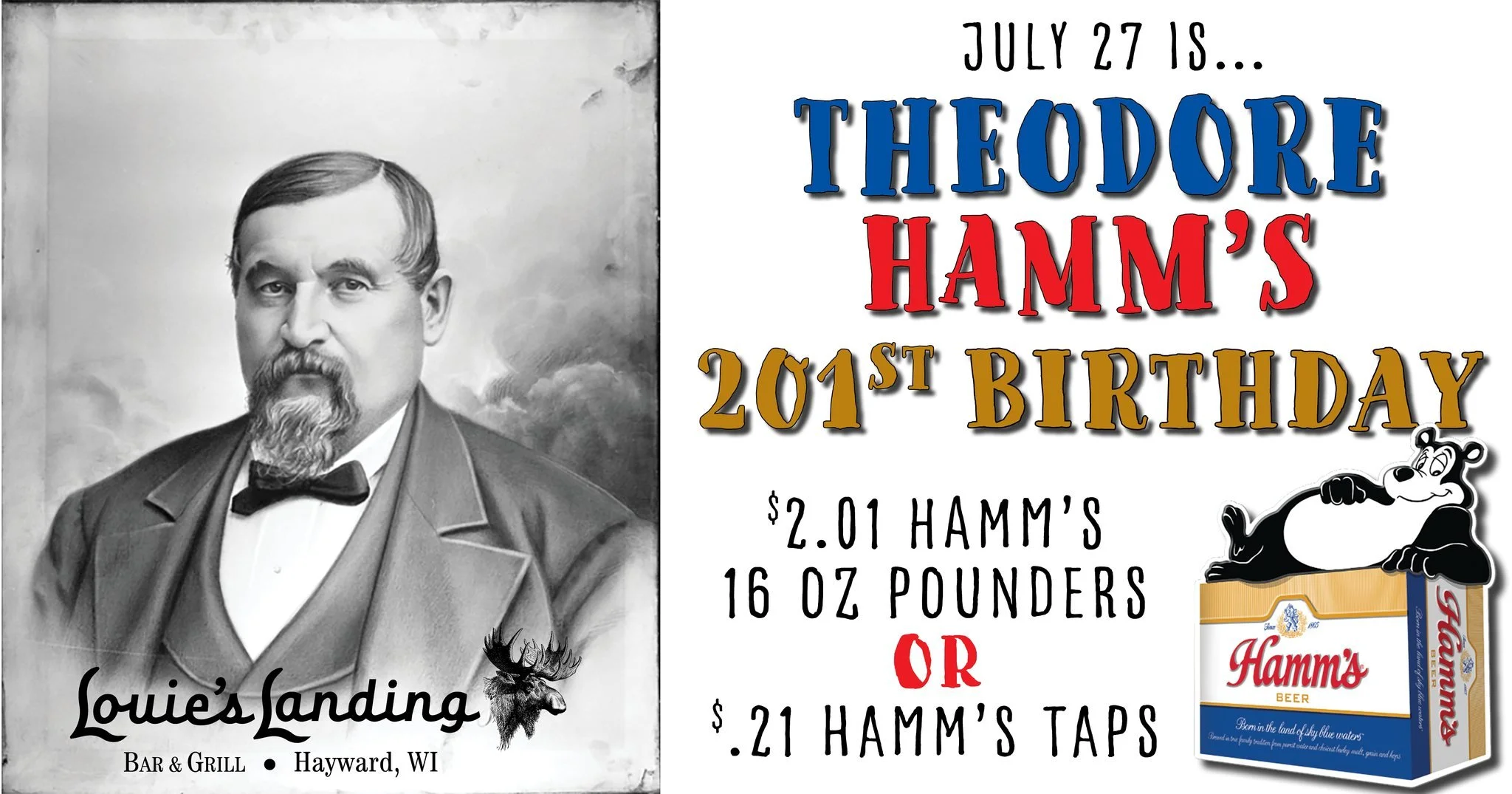 CLOSED MONDAY JULY 27th

Apologies, but due to last minute staffing challenges, we will be closed on July 27th and we will reopen on July 28th at 11am.

For those of you ready to celebrate Theodore Hamm's 201st birthday, we will be celebrating big Th