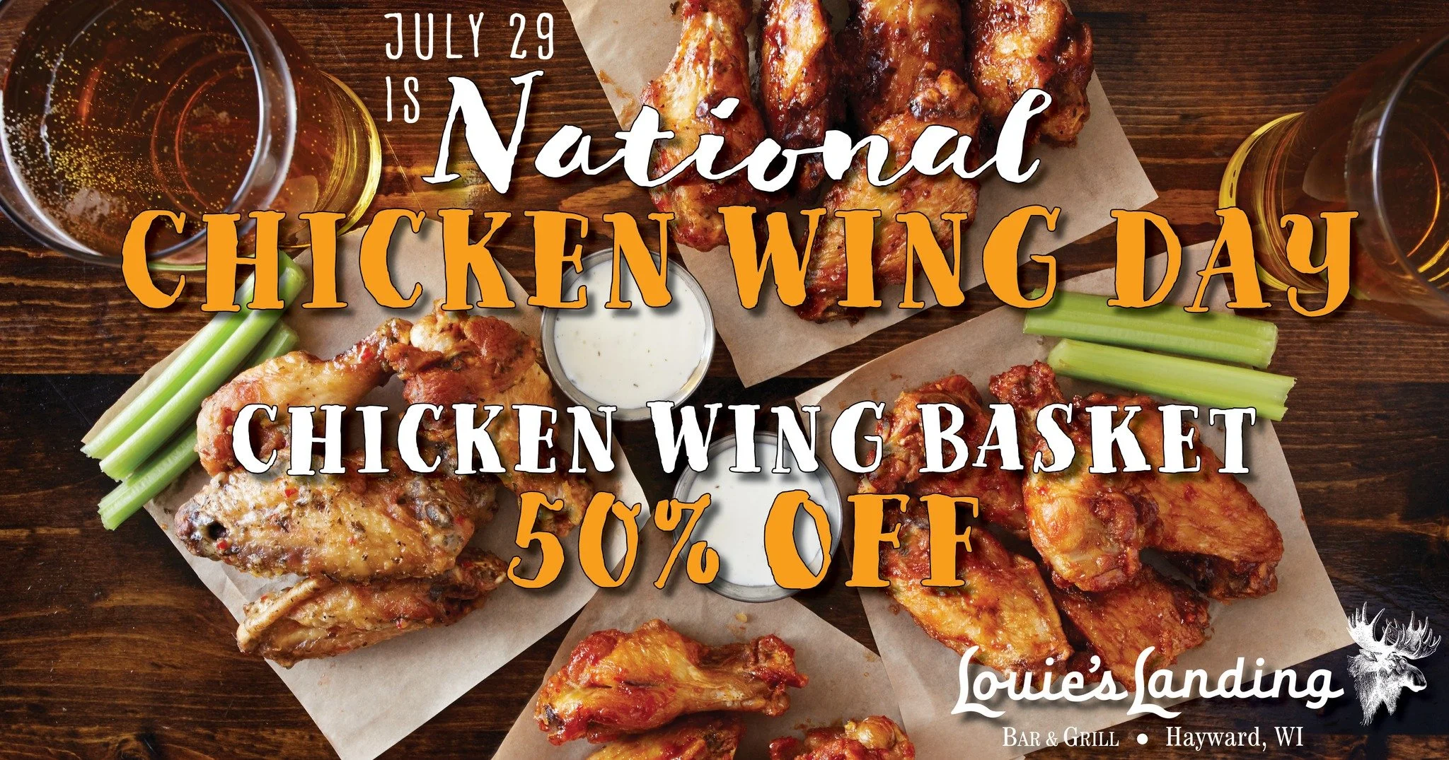 NATIONAL CHICKEN WING DAY!

It's National Chicken Wing Day today, swing into Louie's for 50% off our jumbo sized Chicken Wings, hurry up before this deal "flies" away!

See ya @ Louie's