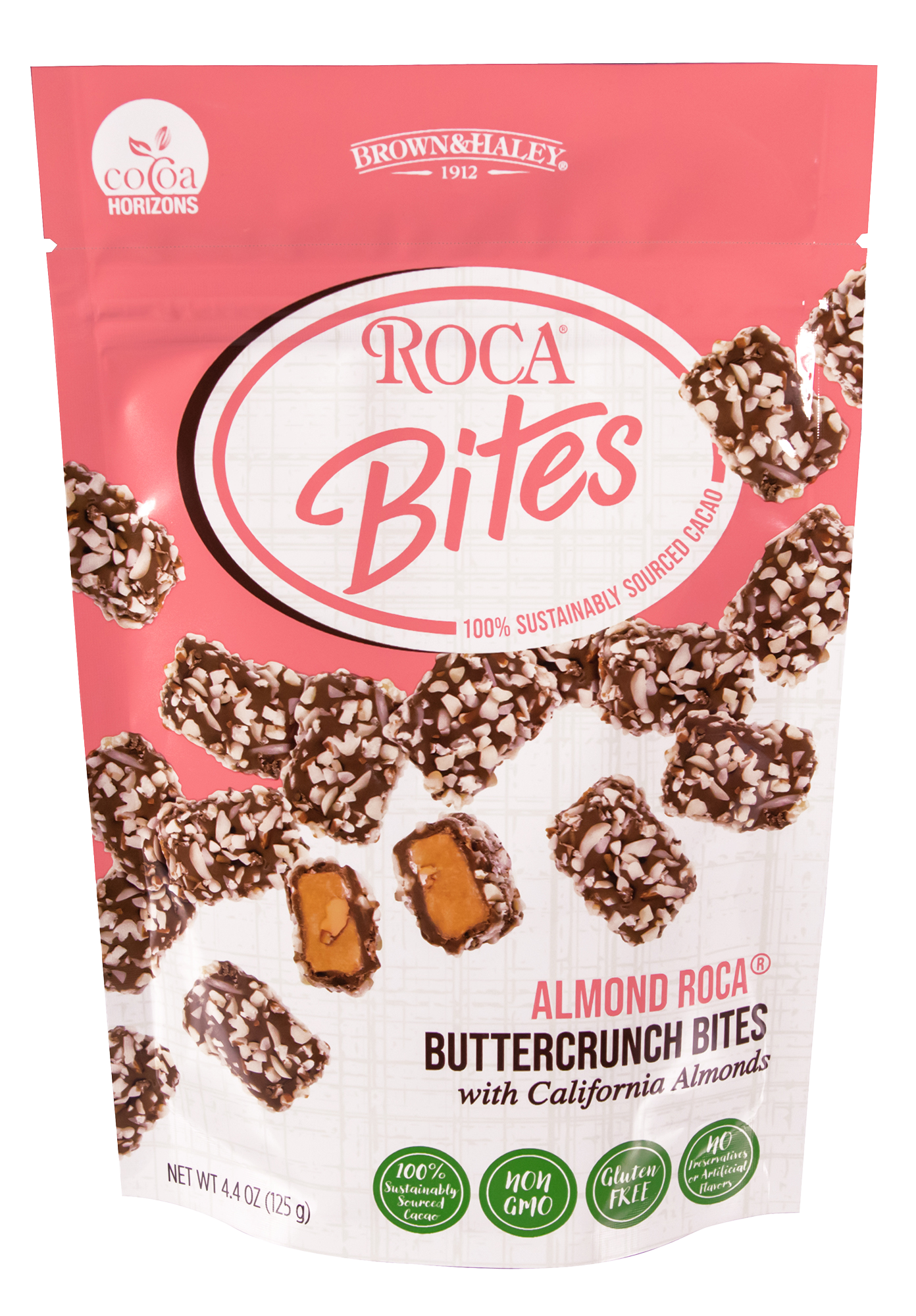 Packaging for Roca Bites Almond Roca Buttercrunch Bites with California Almonds, featuring chocolate-coated bites topped with chopped almonds and a partially cut sample showing the caramel and almond filling inside. The packaging emphasizes sustainability, non-GMO, gluten free, and no artificial flavors.