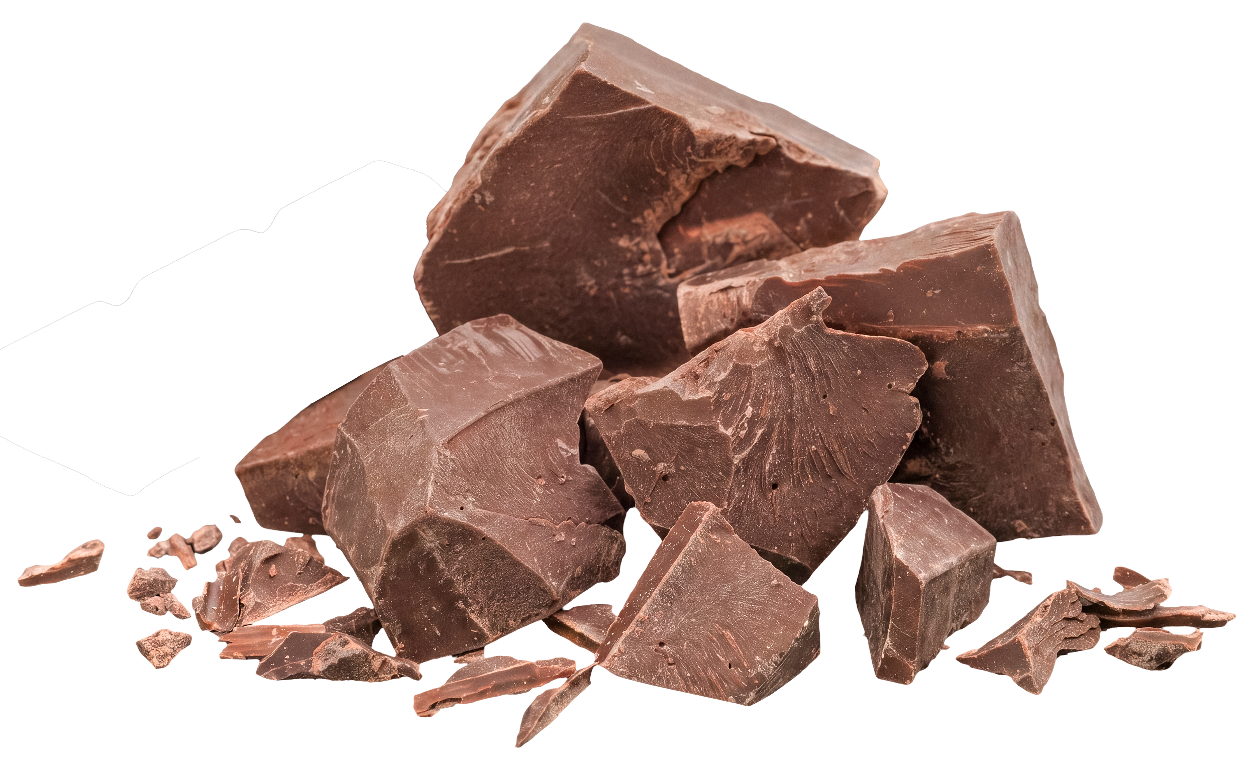 Pieces of milk chocolate broken into chunks with smaller fragments and crumbs around.