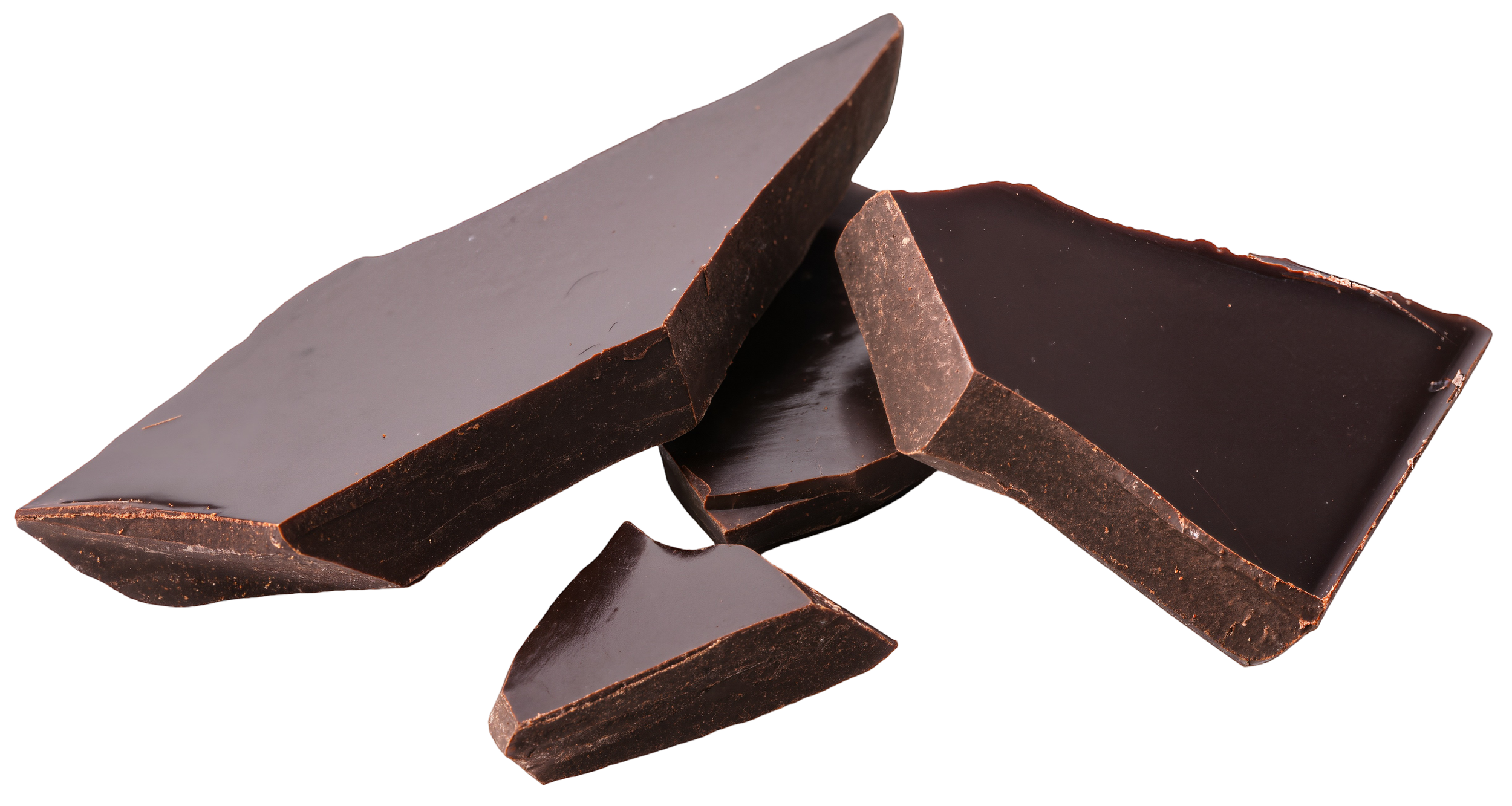 Pieces of tempered dark chocolate bar with a smooth, shiny surface, arranged on a white background.