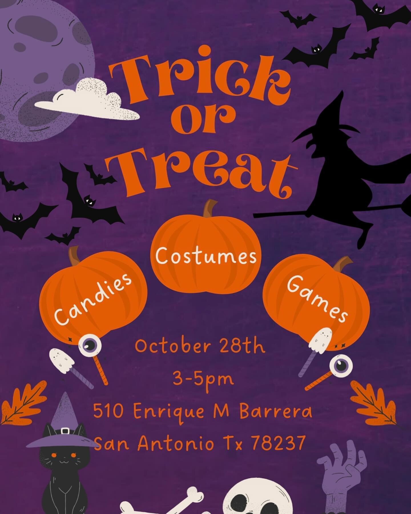🎃🎃🎃 Trick or Treat 🎃🎃🎃

Come stop by October 28th from 3-5 

📍 510 Enrique M Barrera Parkway San Antonio Tx 78237

The priority girls will be out there handing out candy!! Music 🎶 Games 🎯 Costumes Contest 👻

🕸️🕸️ We can&rsquo;t wait to ha