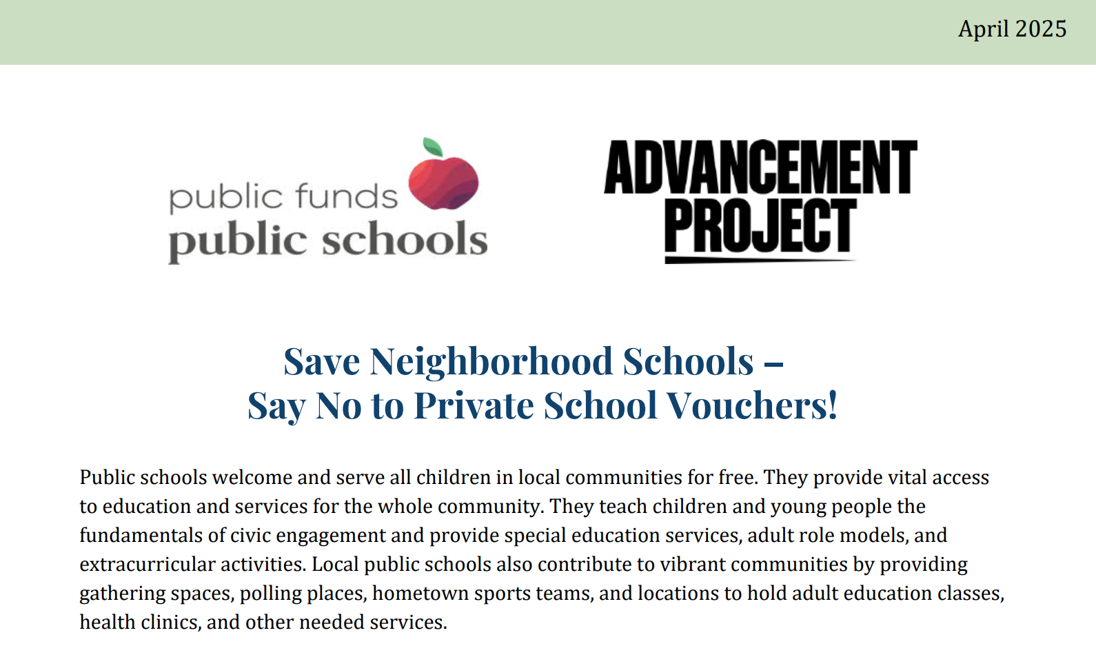 Save Neighborhood Schools – Say No to Private School Vouchers!