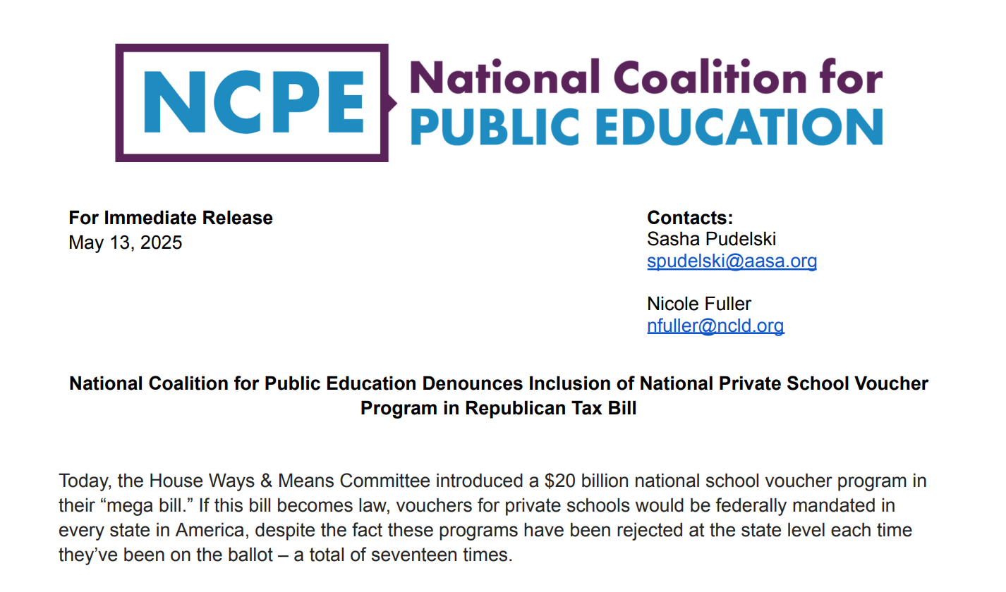 National Coalition for Public Education Denounces Inclusion of National Private School VoucherProgram in Republican Tax Bill
