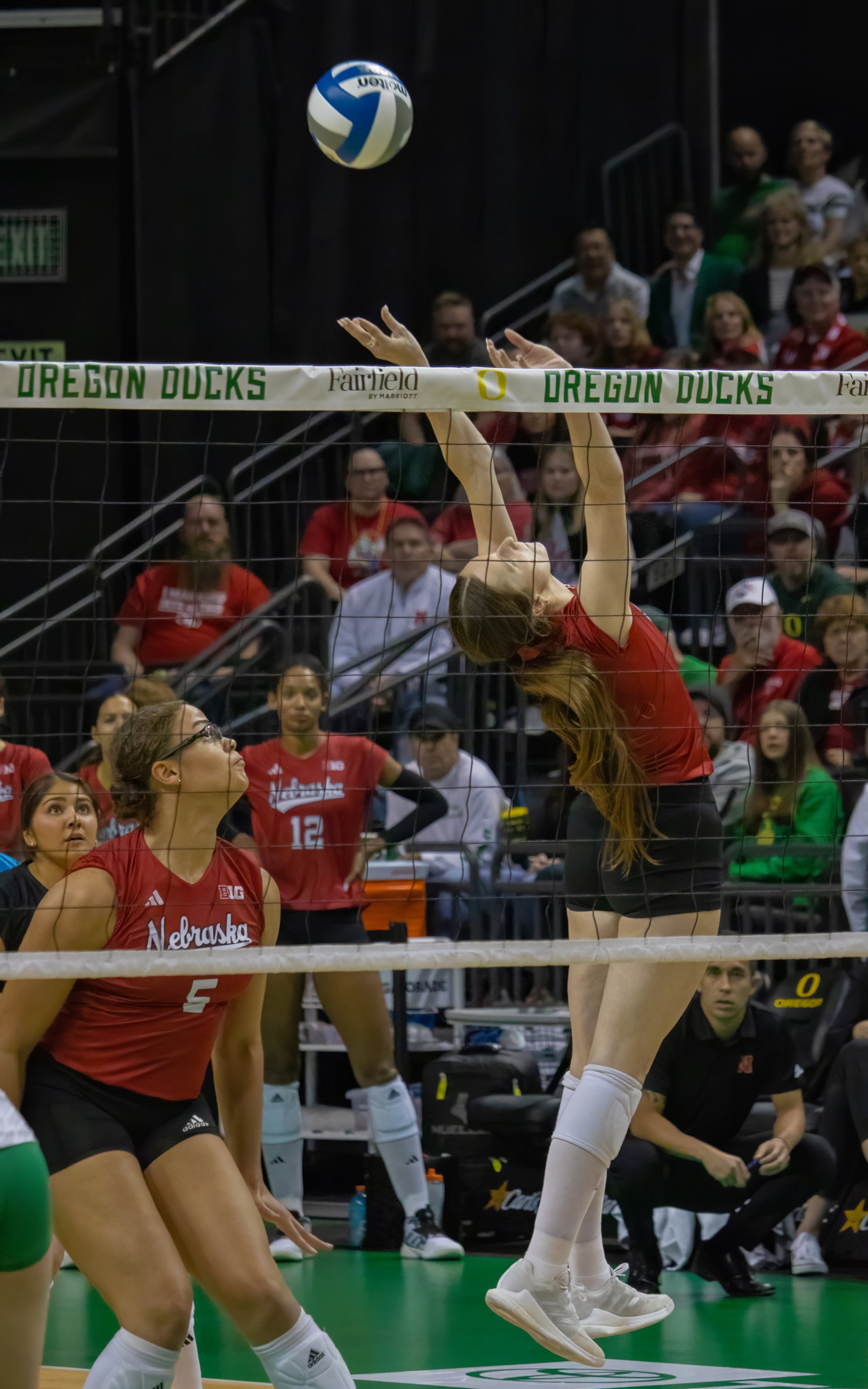 University of Nebraska cornhusker, setter, Bergen Reilly, #2, back sets to teammate Rebekah Allick, #5, before an attack. Photo by Emily Manciu