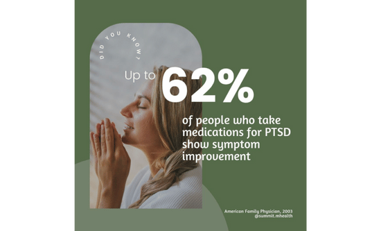 An infographic with a statistic that up to 62% of people who take medications for PTSD show symptom improvement
