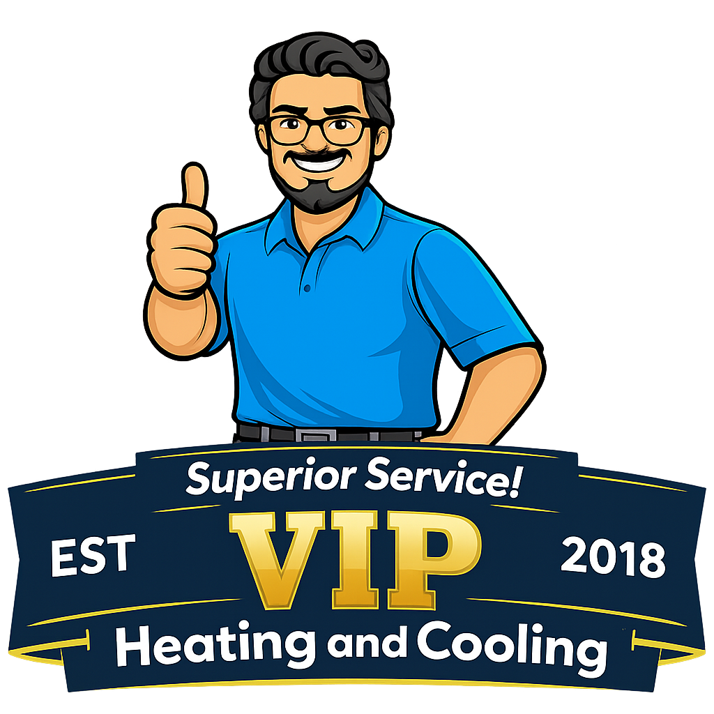A cartoon man with dark hair, glasses, and a beard, wearing a blue polo shirt, giving a thumbs-up. There is a banner below him that says "Superior Service!" and "VIP Heating and Cooling," established in 2018.