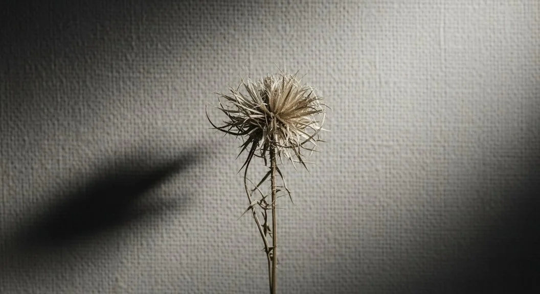 Dried thistle casting a shadow against a textured neutral background.
