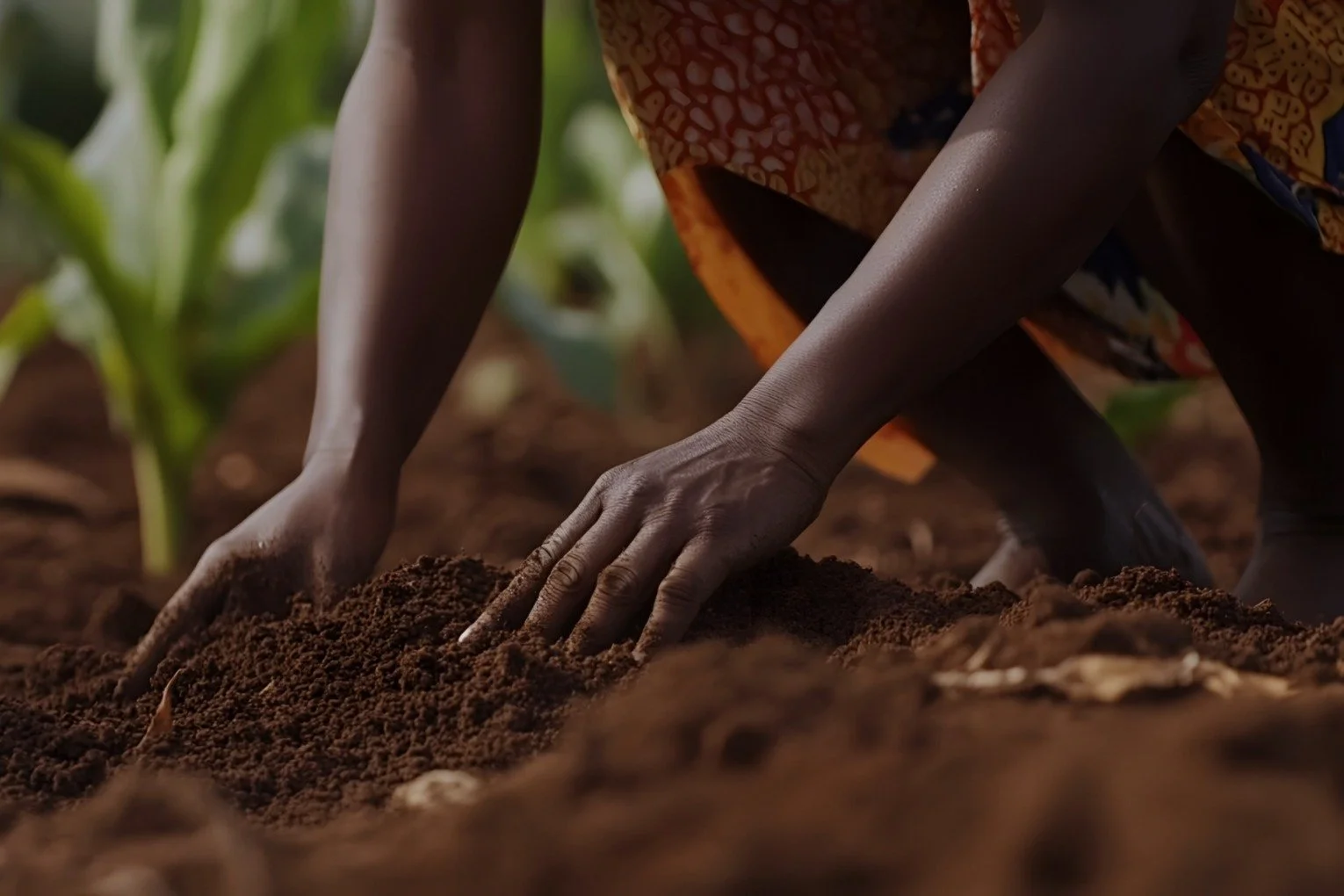 Hands tending soil among green shoots, representing intentional, grounded and purpose-driven business practice.