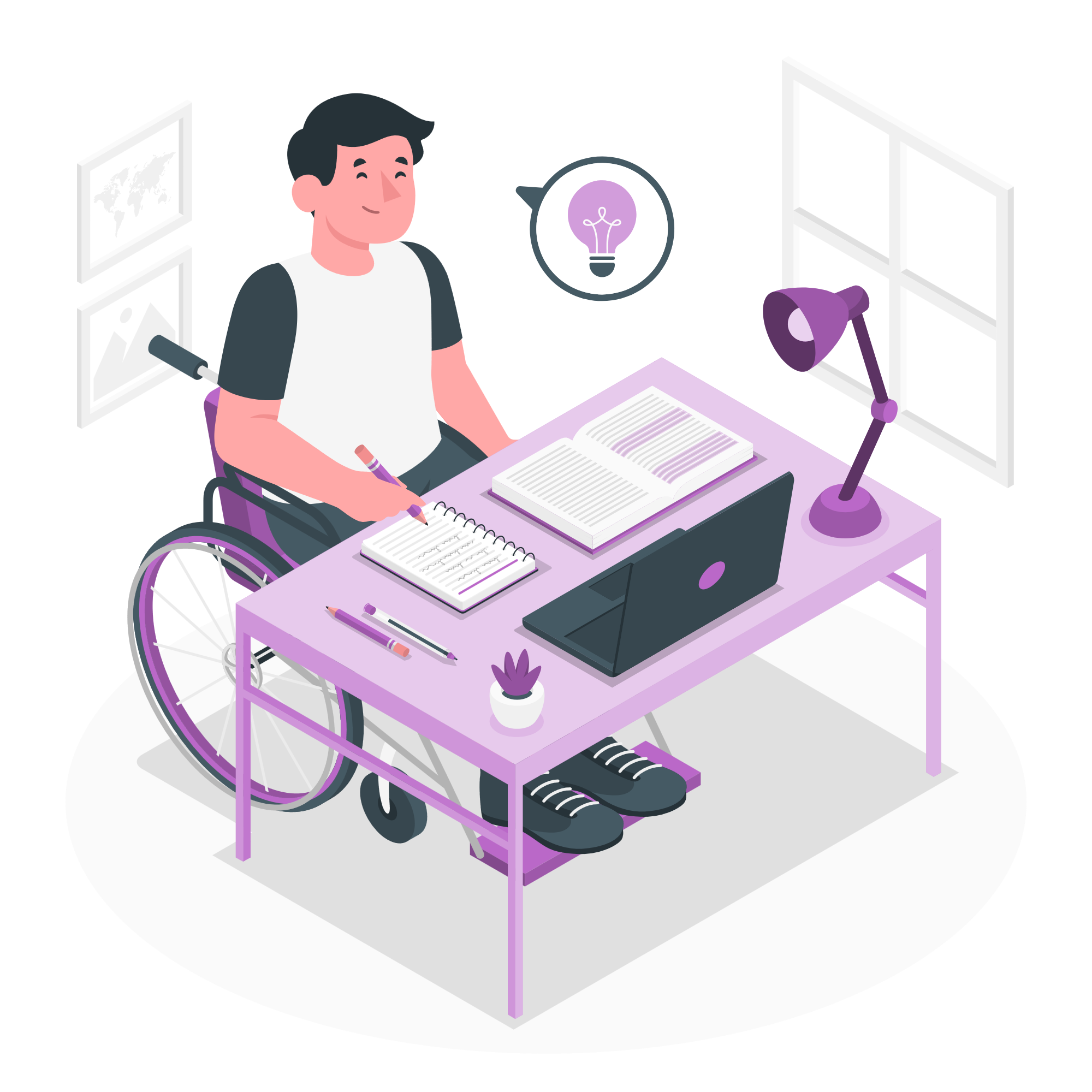 Illustration of a person in a wheelchair having a "lightbulb moment" of clarity, sitting at a pink desk with a laptop, books, notebooks, pens, a desk lamp, and a small potted plant, with a world map in the background.