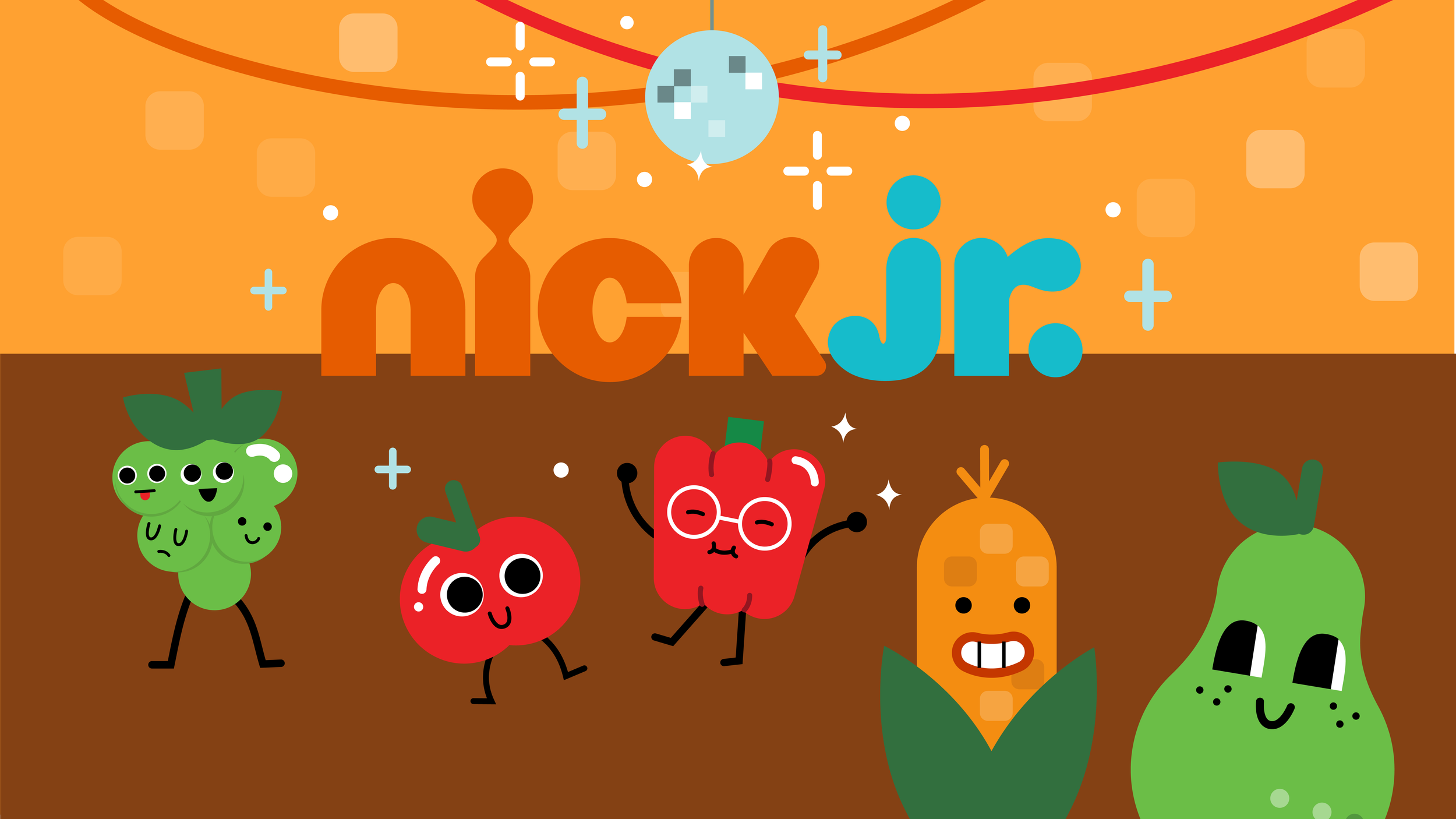An apple celebrates with his harvest buds for nick Jr.