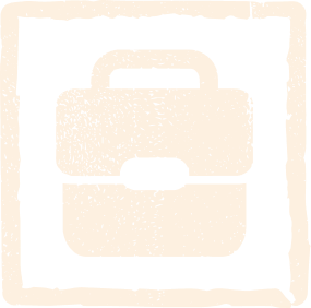 A black and white icon of a briefcase in a square frame.