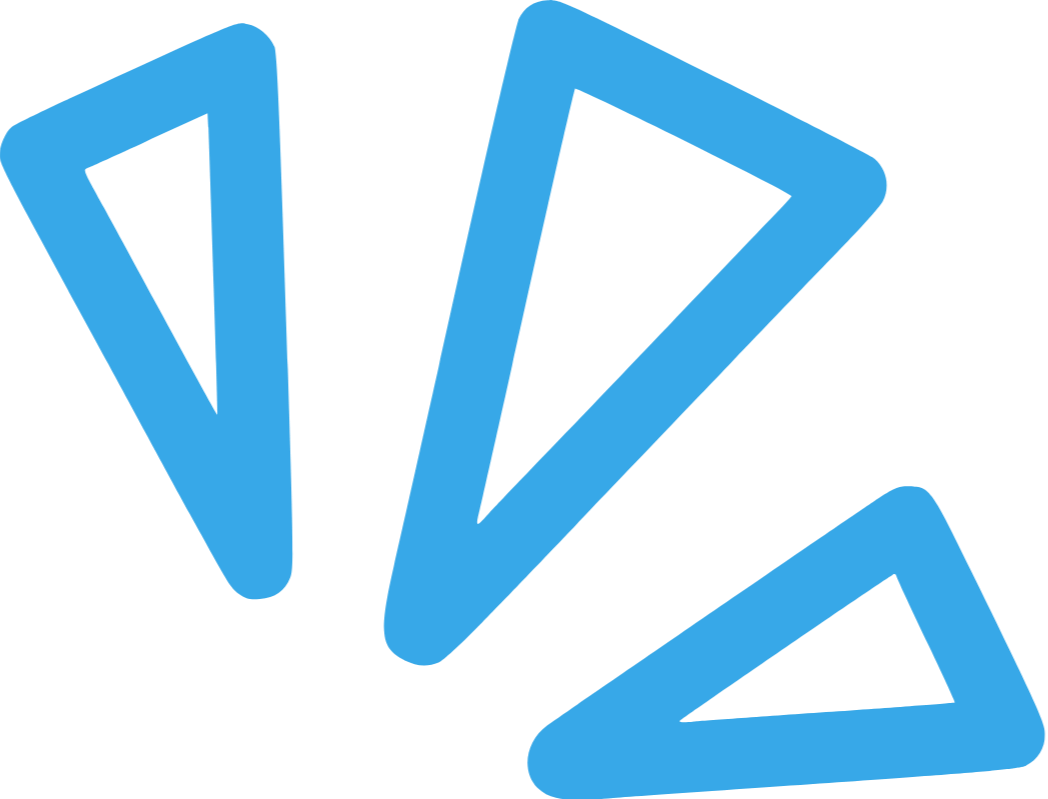 A stylized blue triangular logo with three interconnected triangles of different sizes.