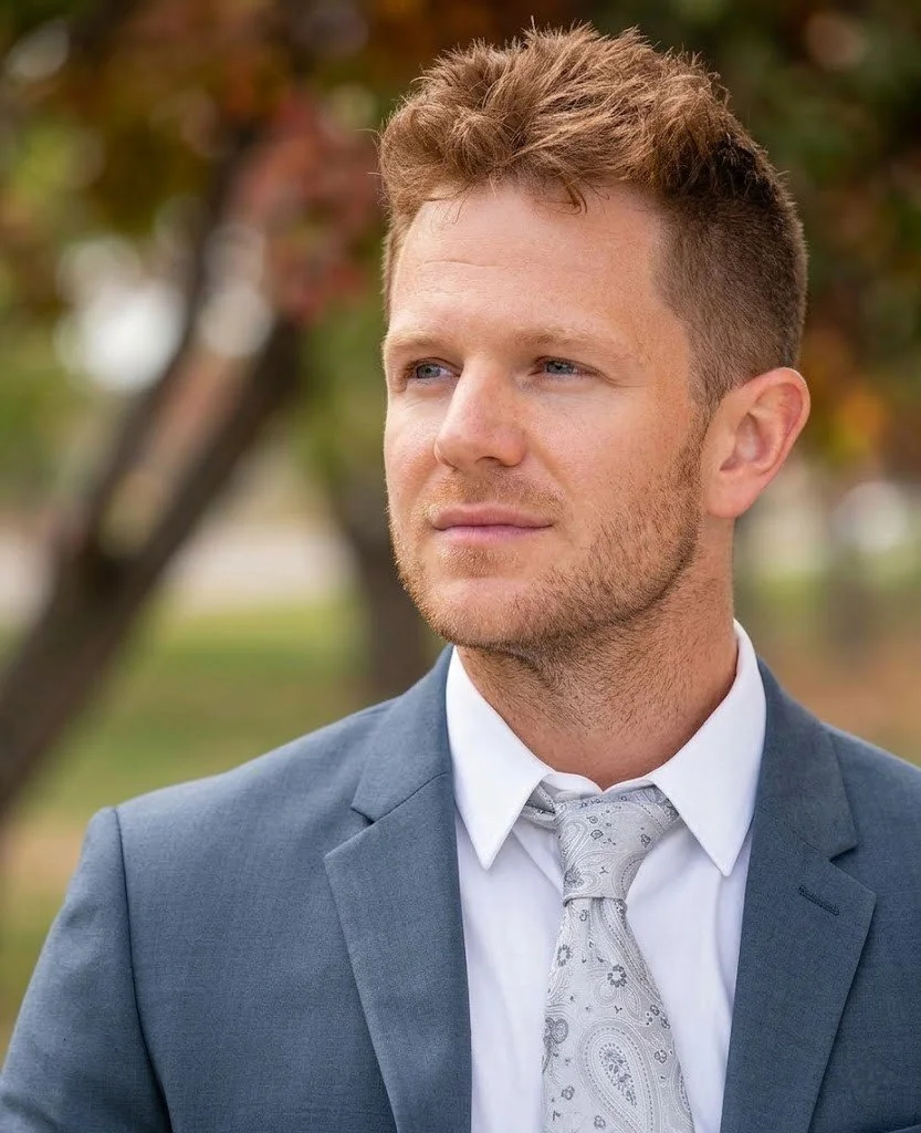 Man in a suit and tie looking to his left outdoors in black and white.