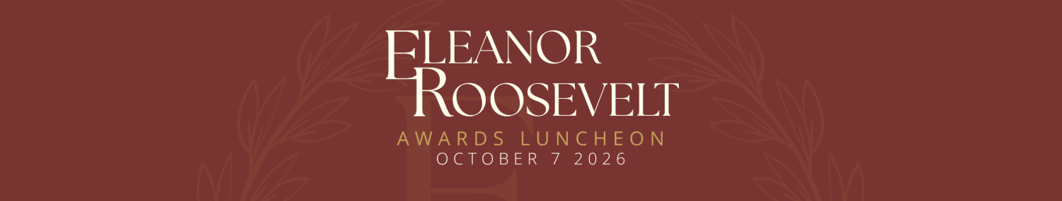 Graphic for Eleanor Roosevelt Awards Luncheon event on October 7, 2026, with a brown background and gold decorative leafs.