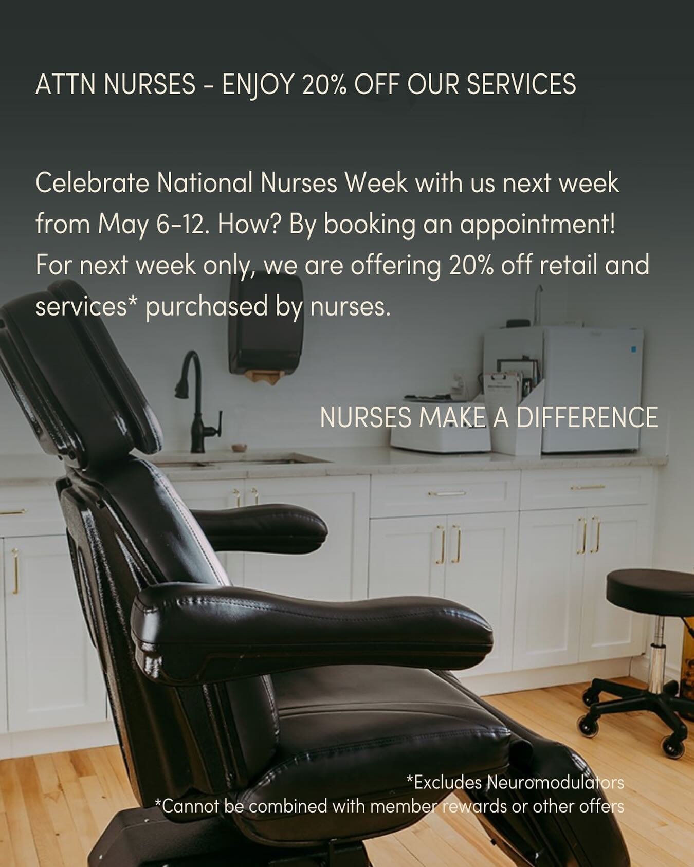 🚨Send this to a hardworking nurse🚨

From May 6-12 we are offering nurses 20% off retail and services (excluding Neuromodulators)🌸

Nurses - visit the link in our bio to make an appointment for next week or stop by the clinic and shop our medical g