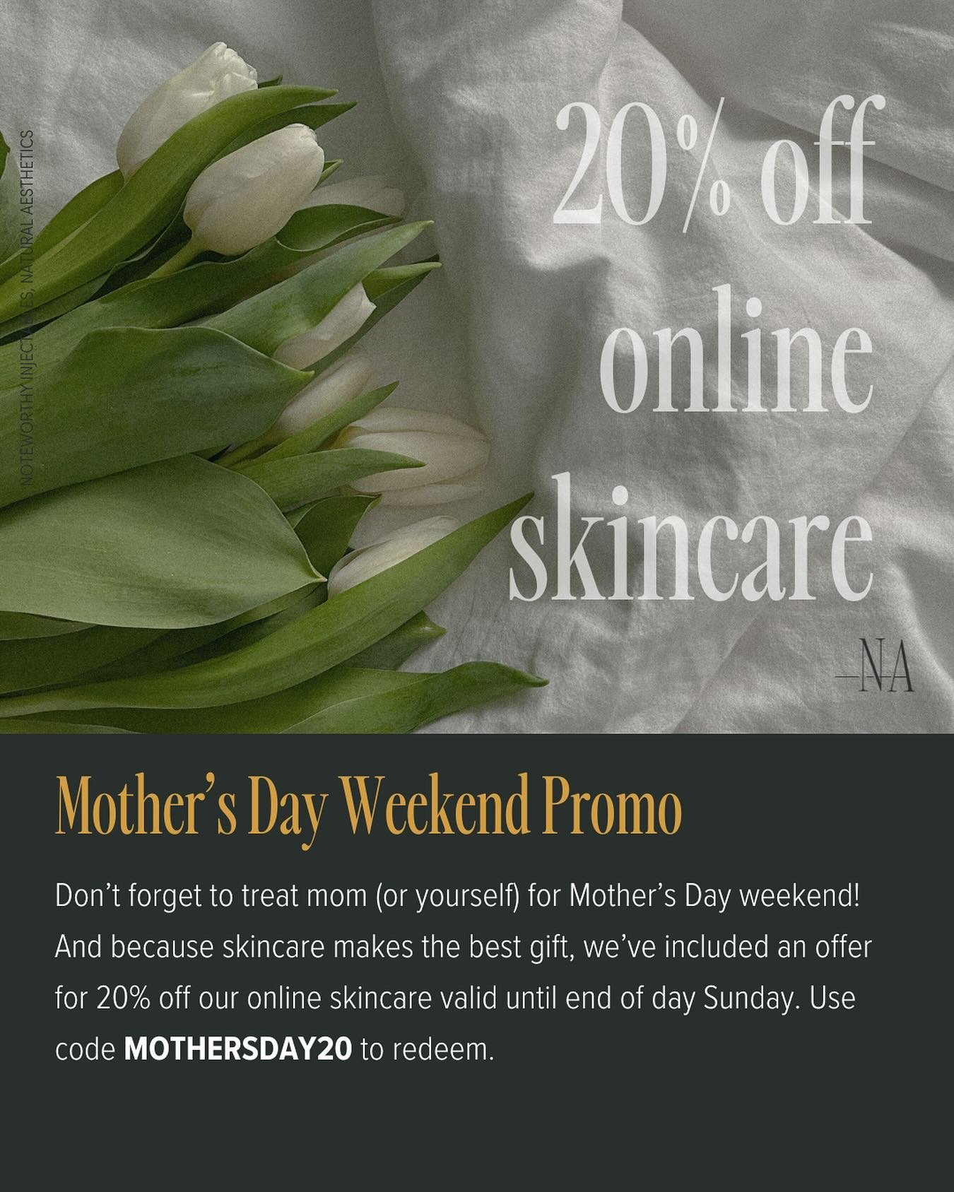 Skincare makes a great gift for mom 🌸

Use code MOTHERSDAY20 to get 20% off our online skincare all weekend. Don&rsquo;t forget to stock up on SPF - we&rsquo;ve got lots of colorescience options☀️ 

#ninaaesthetics #yycmedspa #yycliving #yyclife #sk