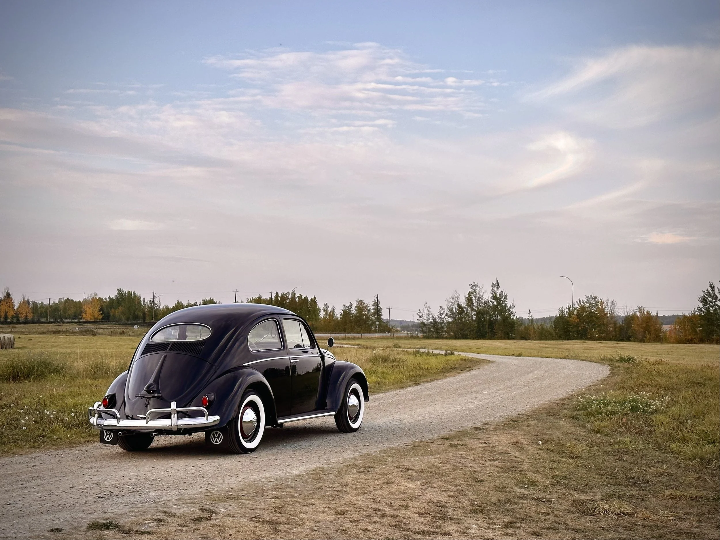 A vintage black Volkswagen Beetle parked on a dirt road in a rural area with green grass, trees, and a cloudy sky.