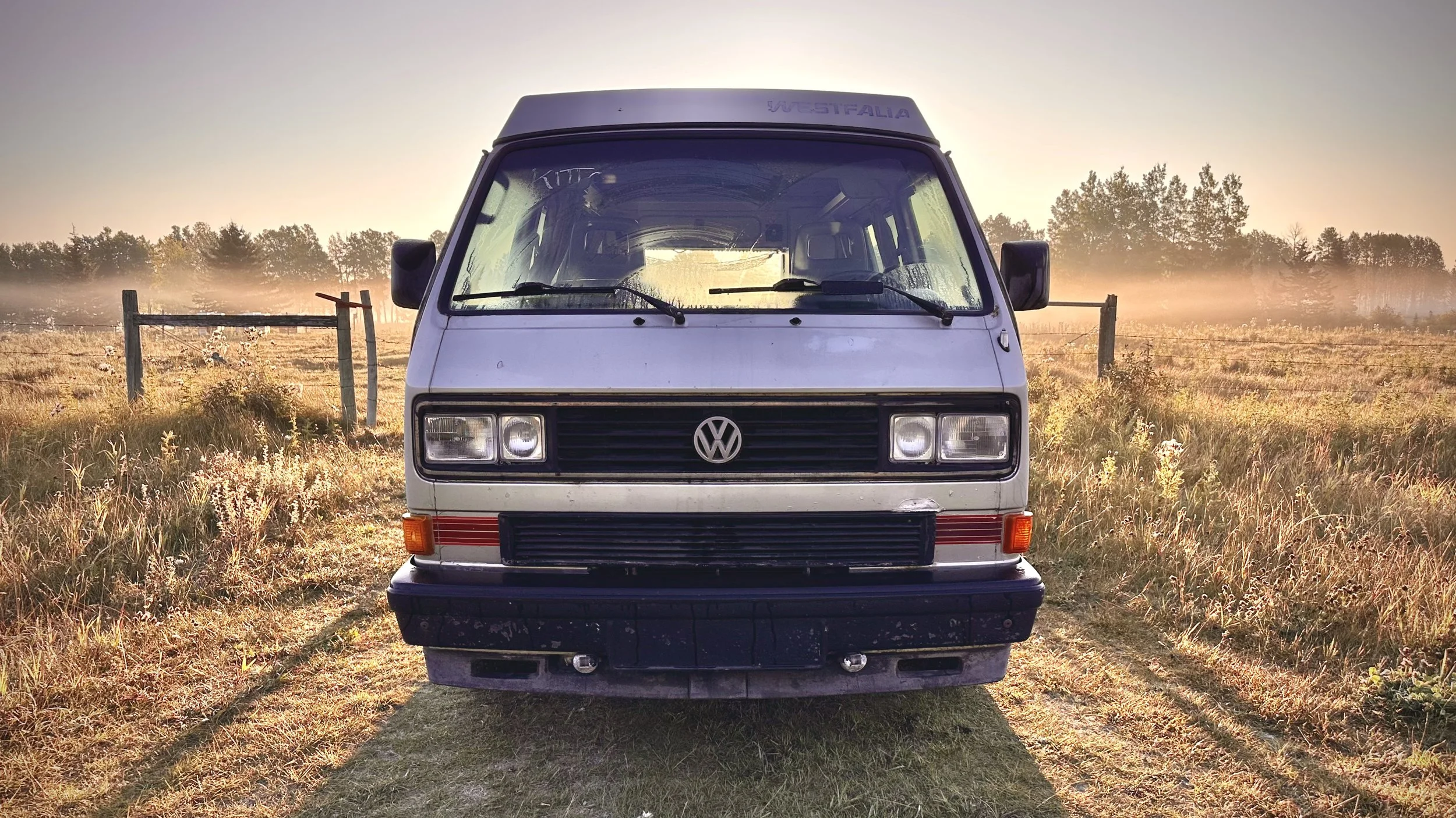 Front view of a Volkswagen camper van parked on grass in a field at sunrise or sunset with a fence and trees in the background.