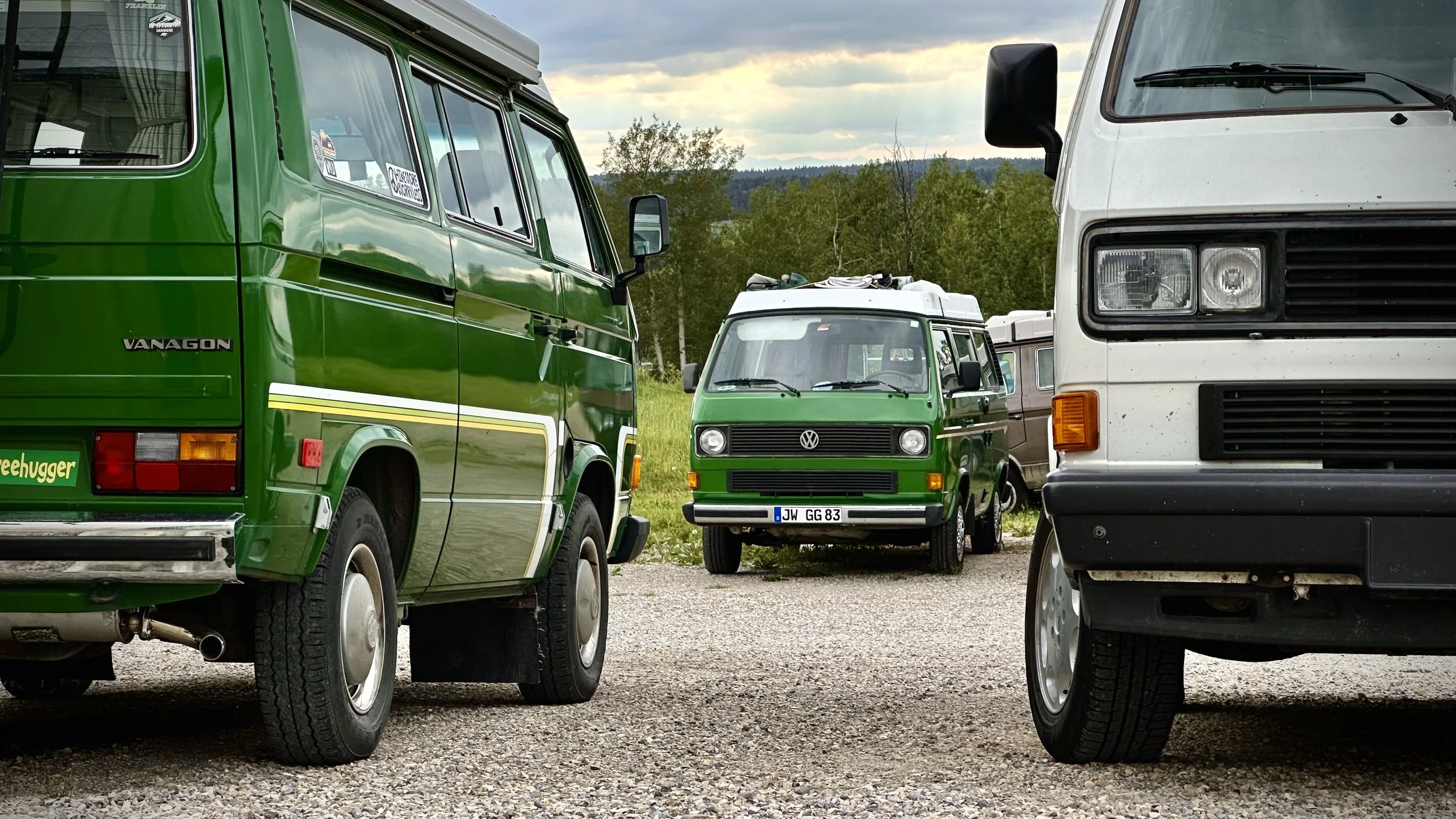 Three vintage Volkswagen Vanagons parked on a gravel lot with green and brown trees in the background under a cloudy sky.