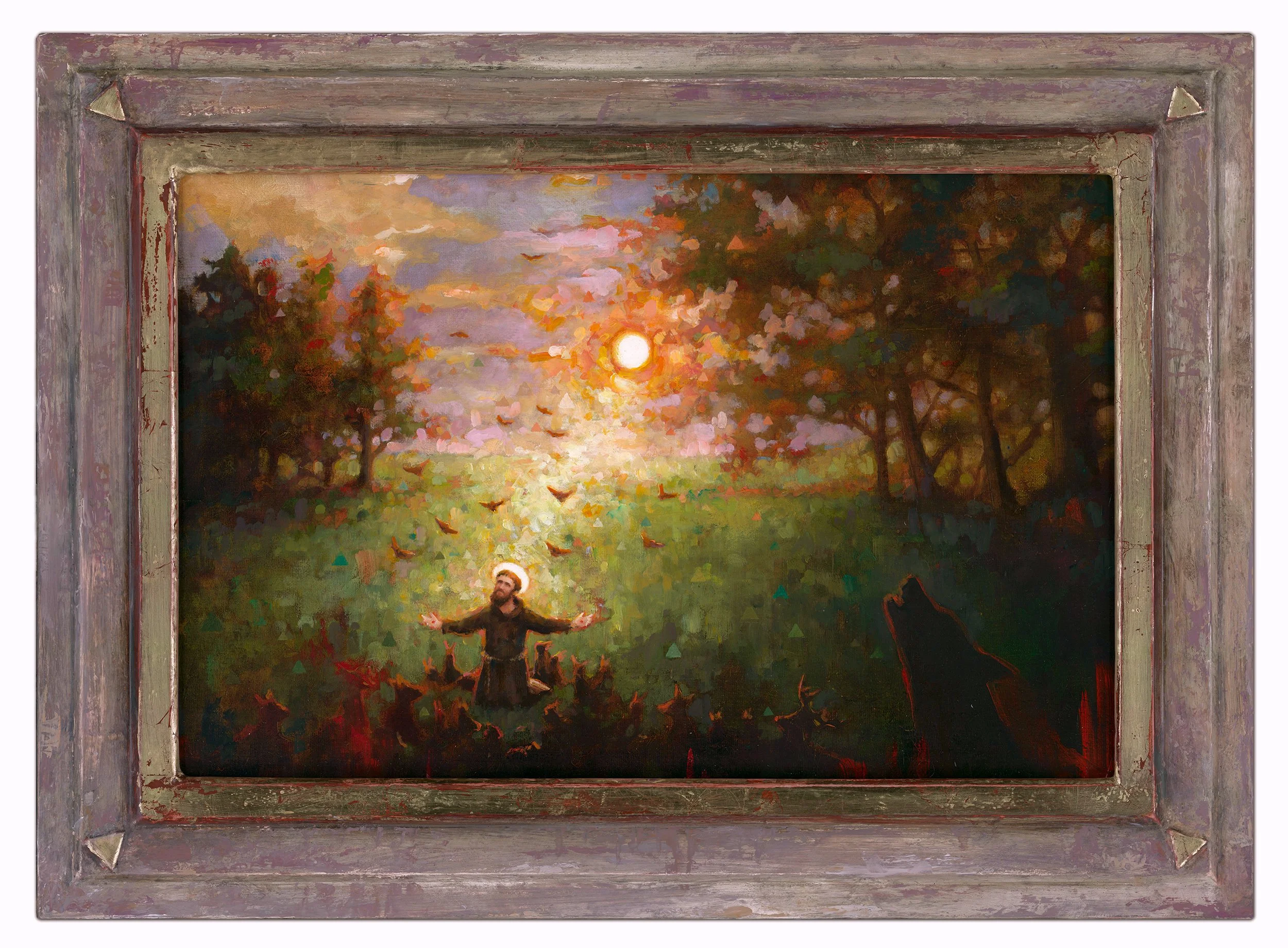 Oil painting icon of Saint Francis and Brother Sun in a custom picture frame