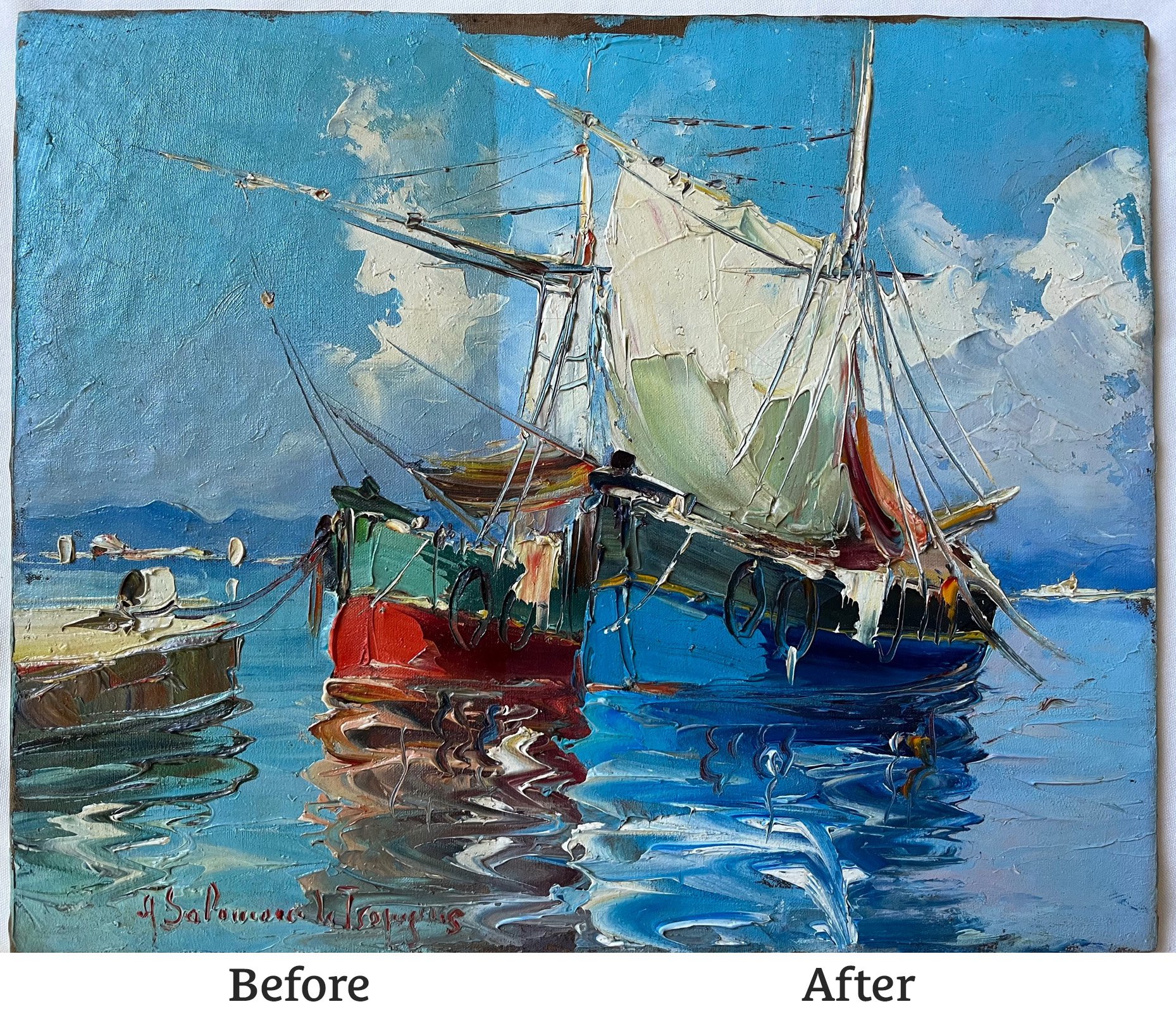 An oil painting of a sailboat docked at a pier with water and sky in the background. The boat has large cream-colored sails, a dark hull, and reflections in the water. The painting is done with thick, expressive brushstrokes.